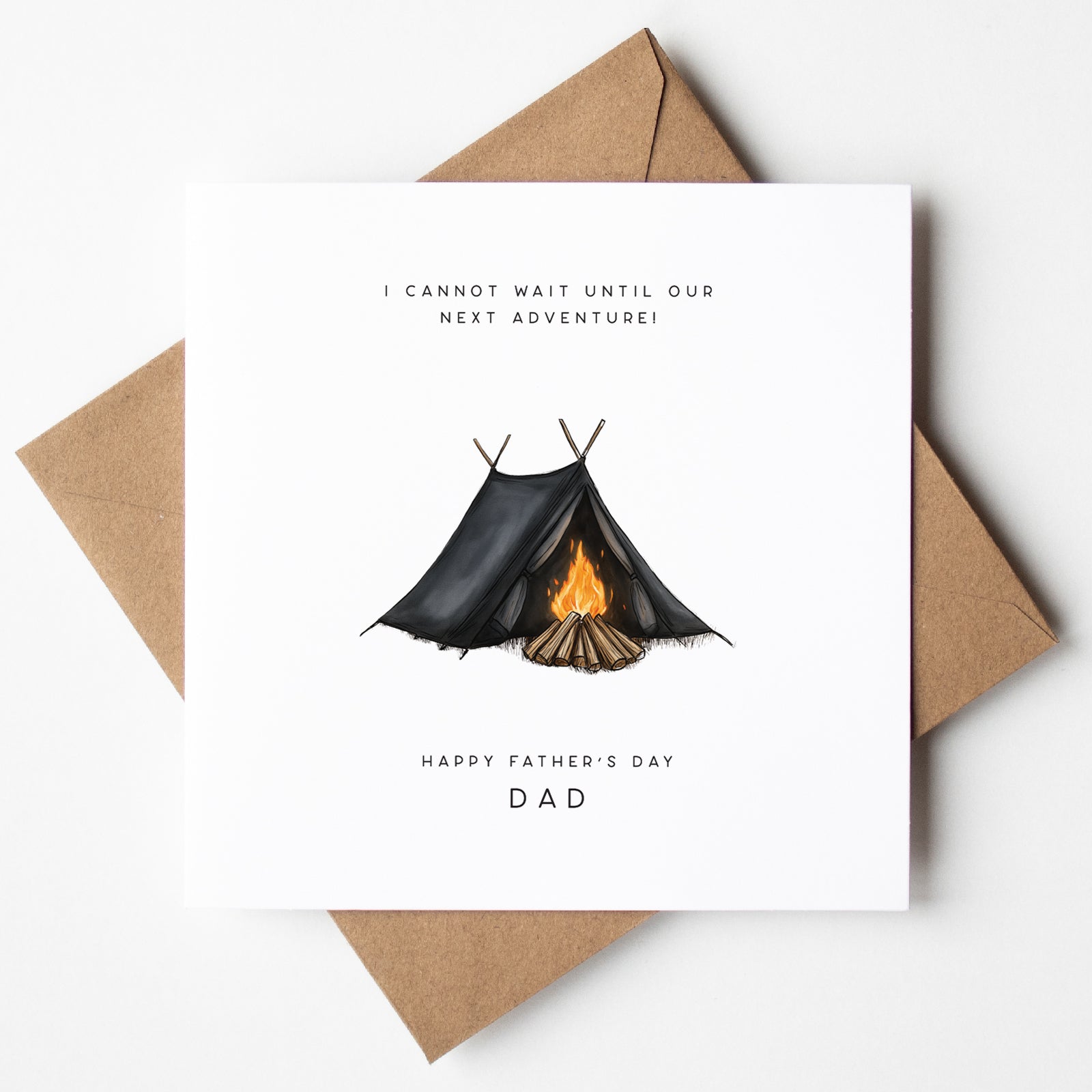 Father’s Day card with tent and campfire illustration, perfect for outdoor dads, UK made, fast shipping.