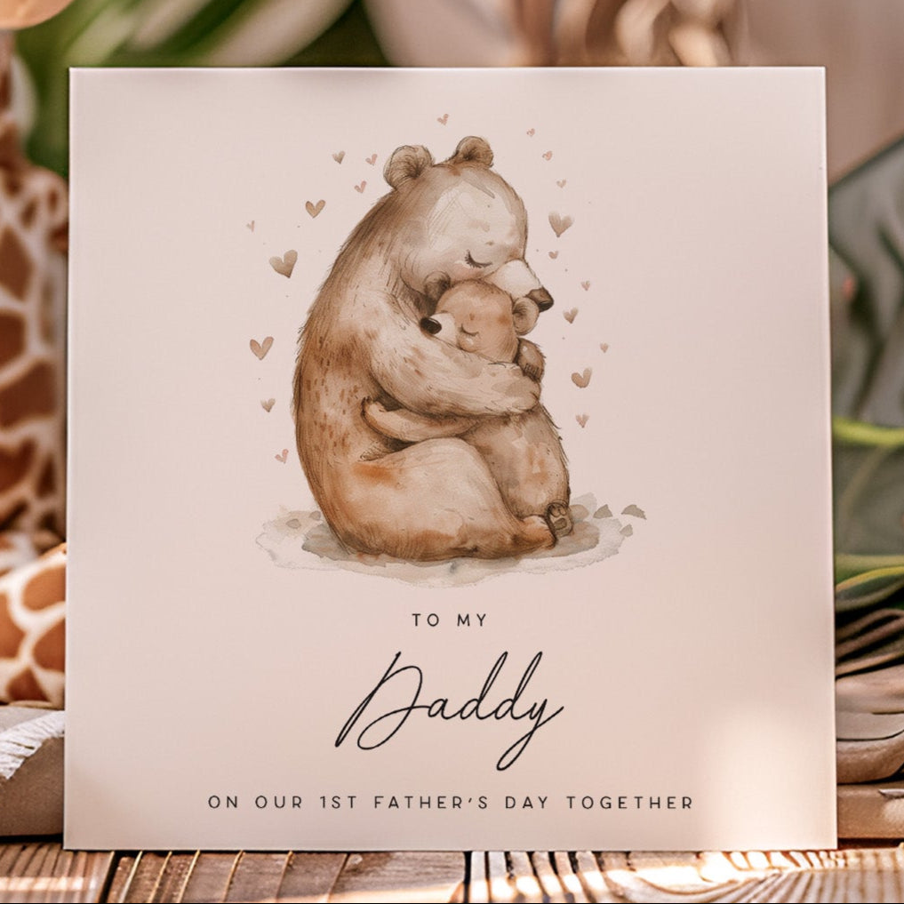 daddy bear and baby bear hugging first fathers day card