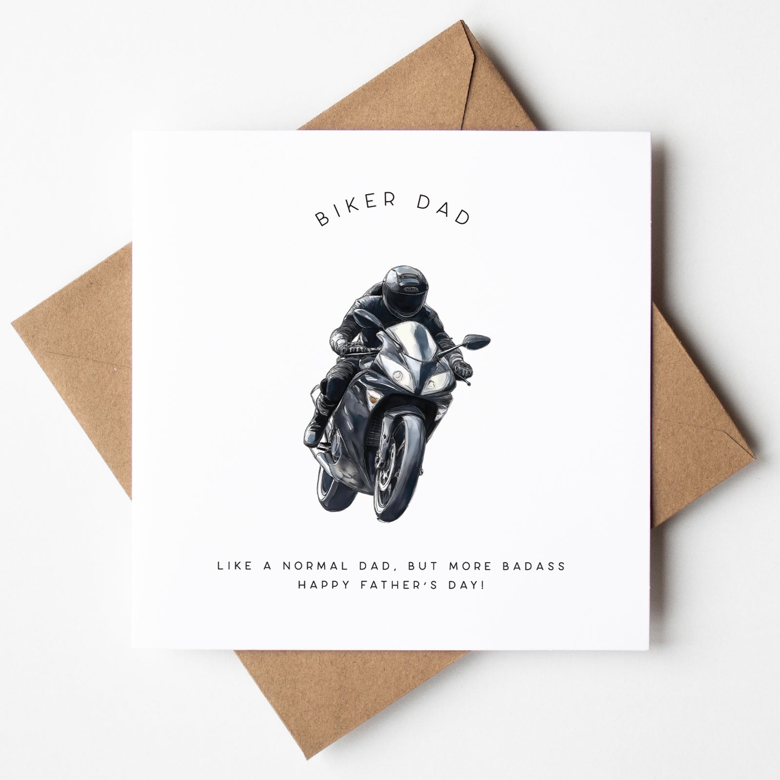 Father’s Day card with biker on motorbike, perfect for badass dads, UK made and dispatched fast.