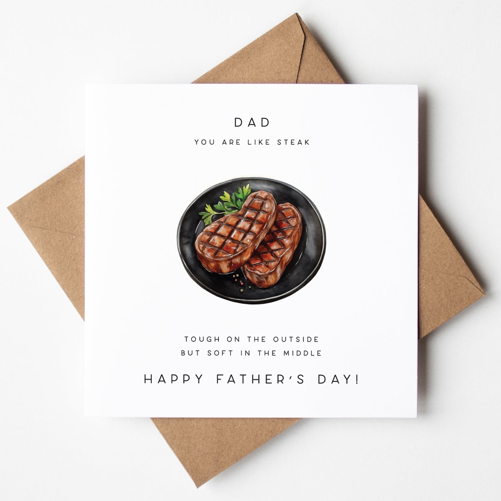 Father’s Day card with two grilled steaks on a plate, funny card for meat-loving dads, UK shipping.