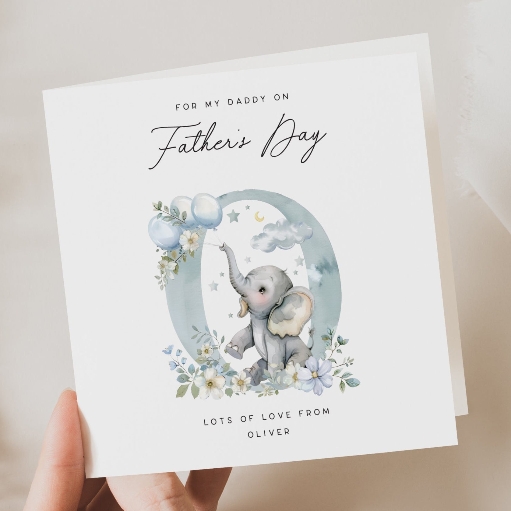 Blue elephant and 0 for oliver personalised fathers day card