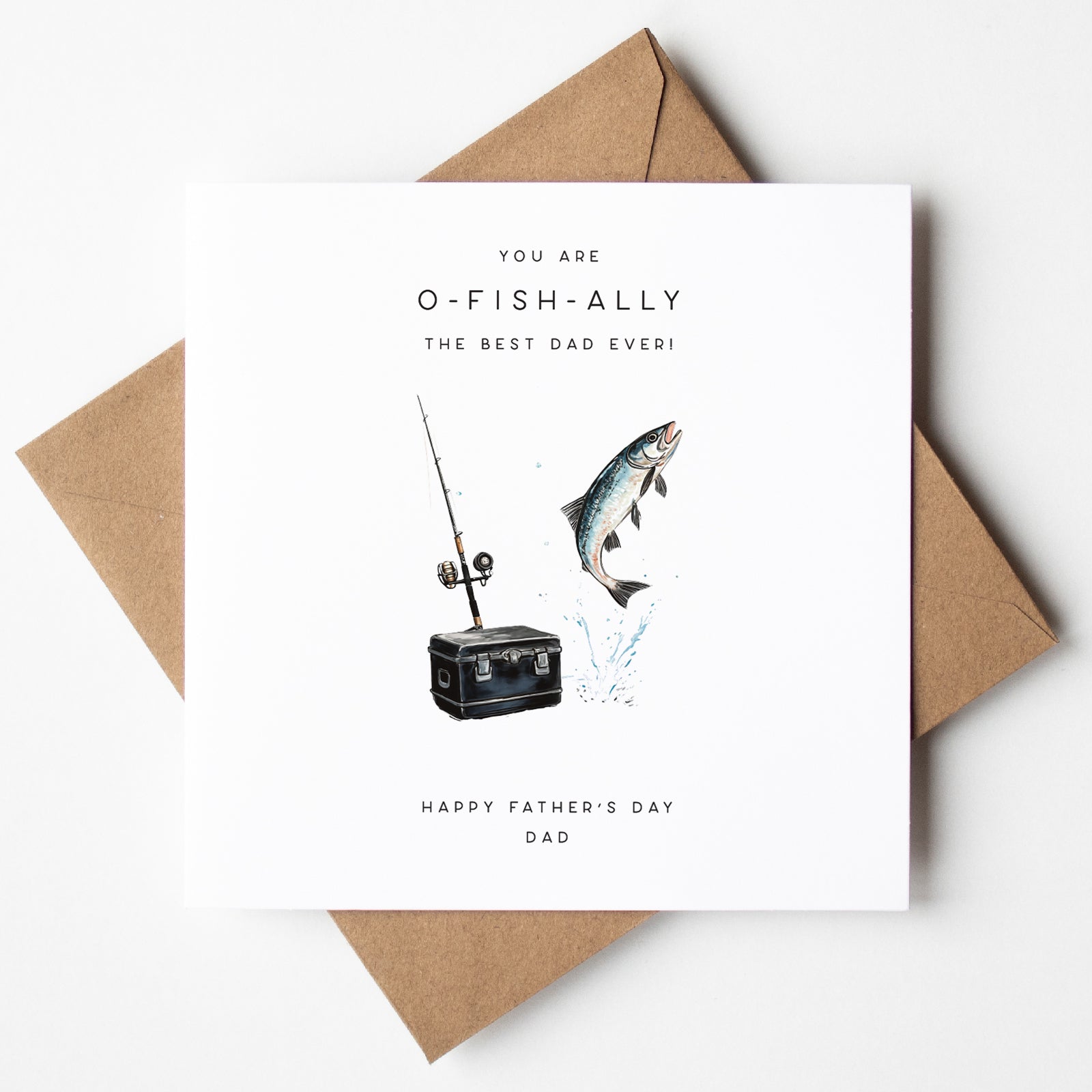 Funny fishing themed Father’s Day card with fish and tackle box, UK made and same-day dispatch.