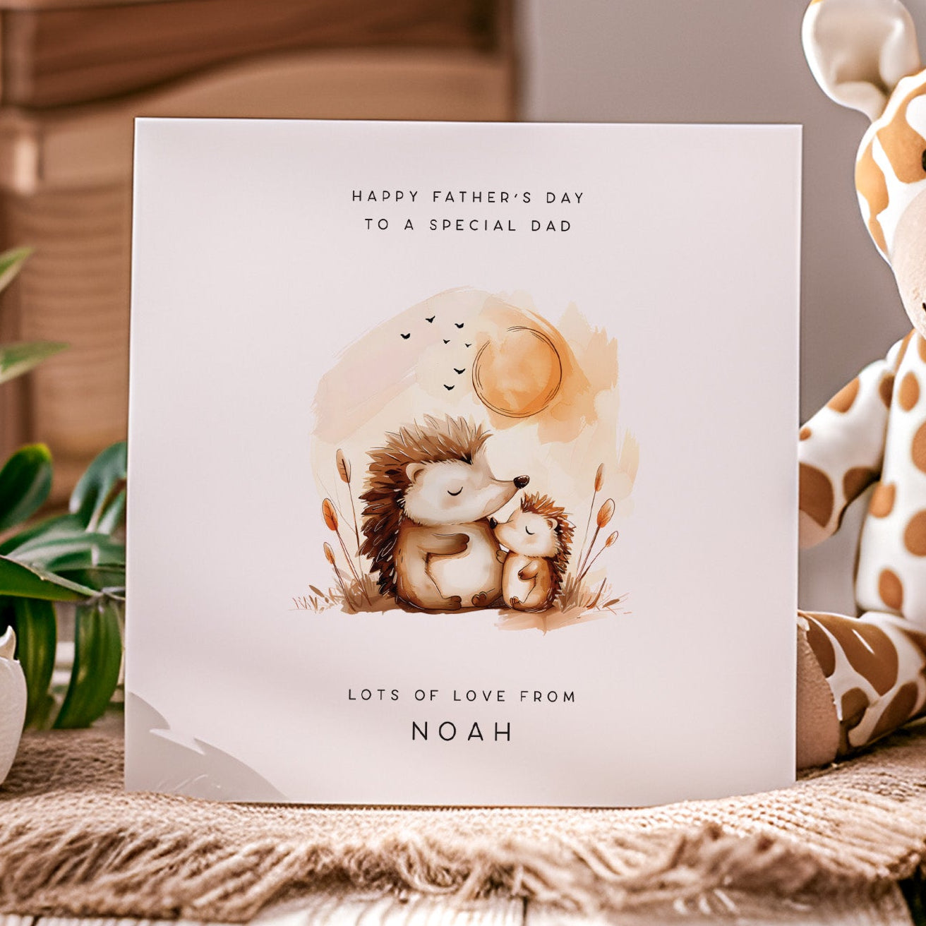 For a Special Dad on Father's Day featuring a watercolour hedgehog and baby