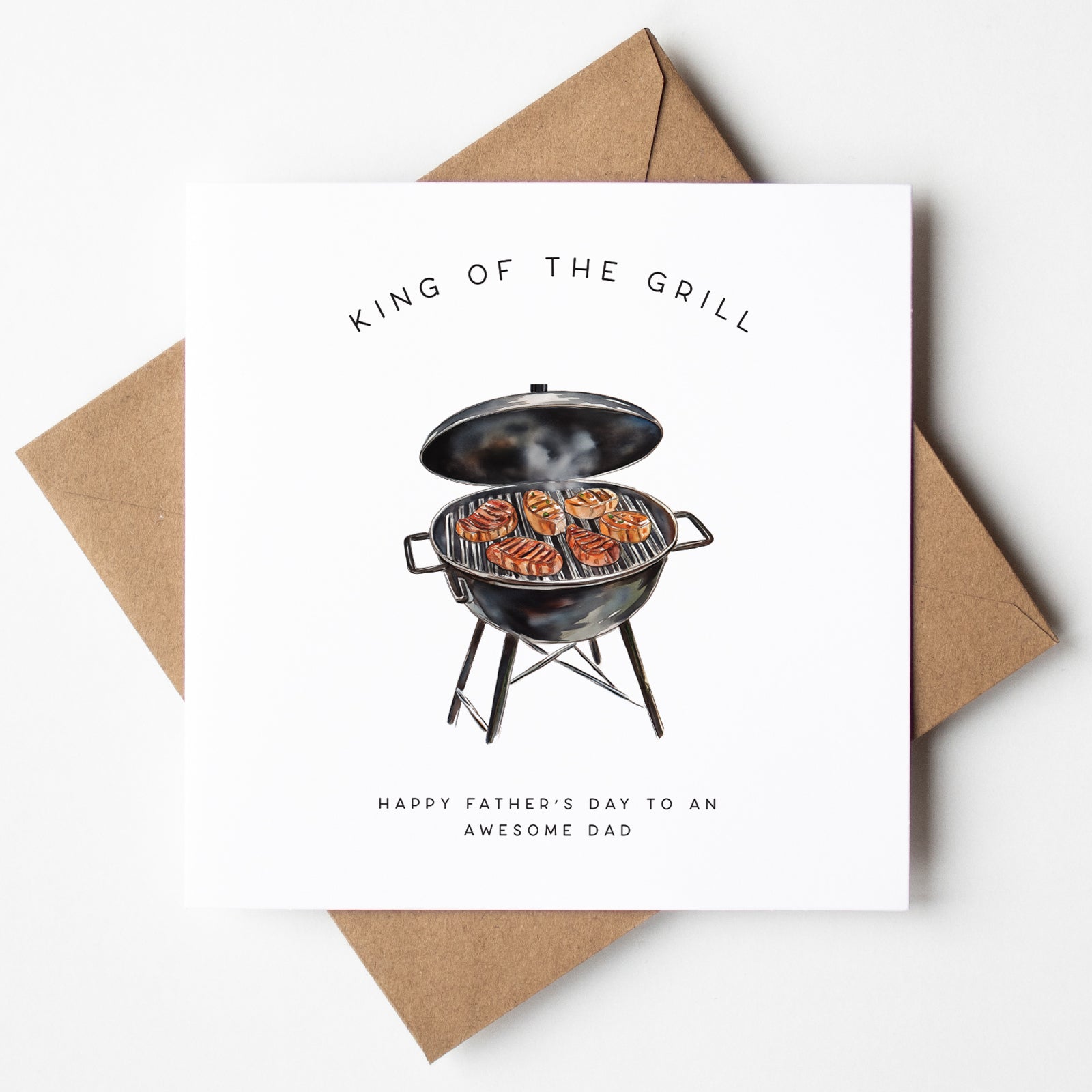Father’s Day card with BBQ grill design and steaks, perfect for dads who love to grill, made in UK with same-day shipping.