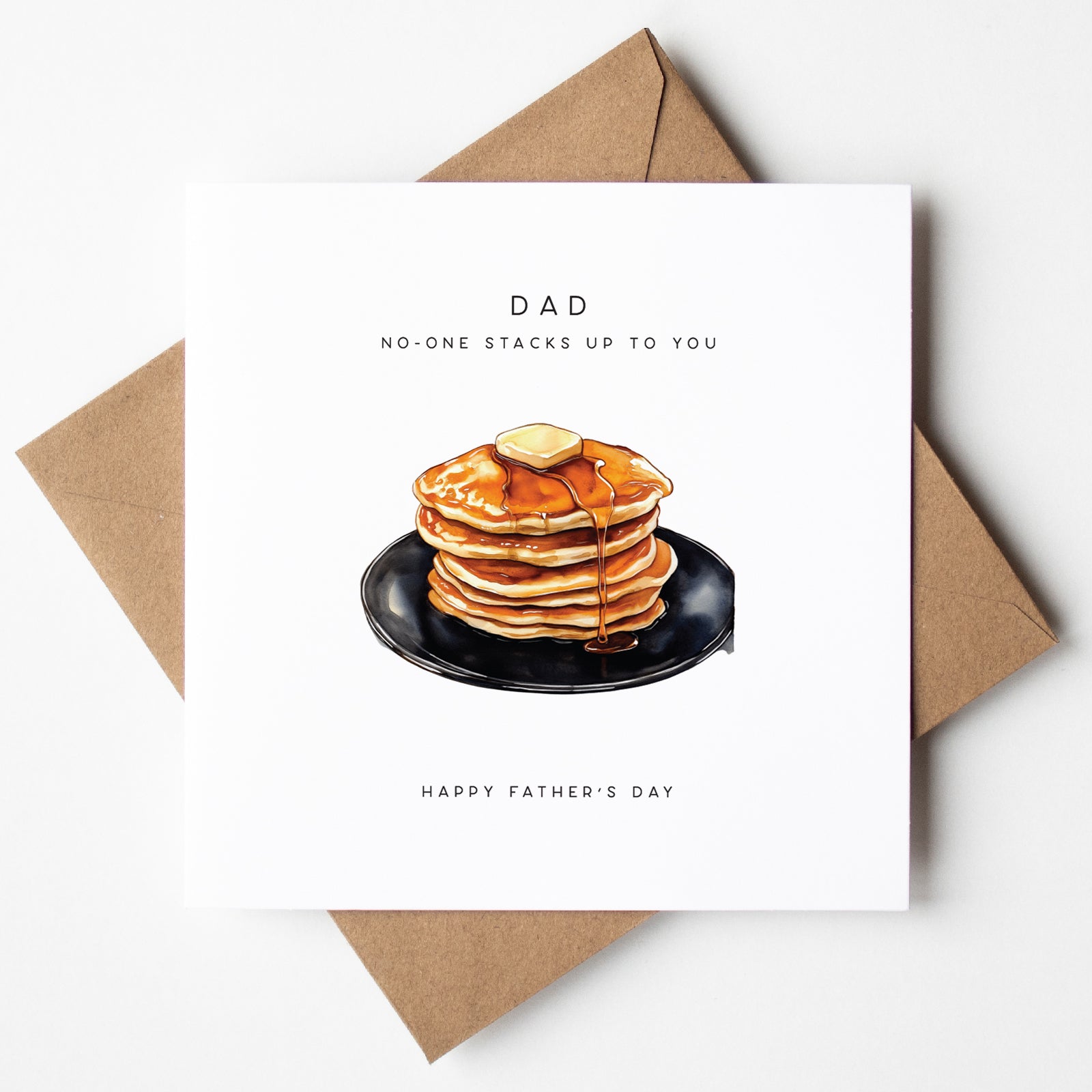 Father’s Day card with stack of pancakes and syrup, funny UK card for dads, same-day dispatch.