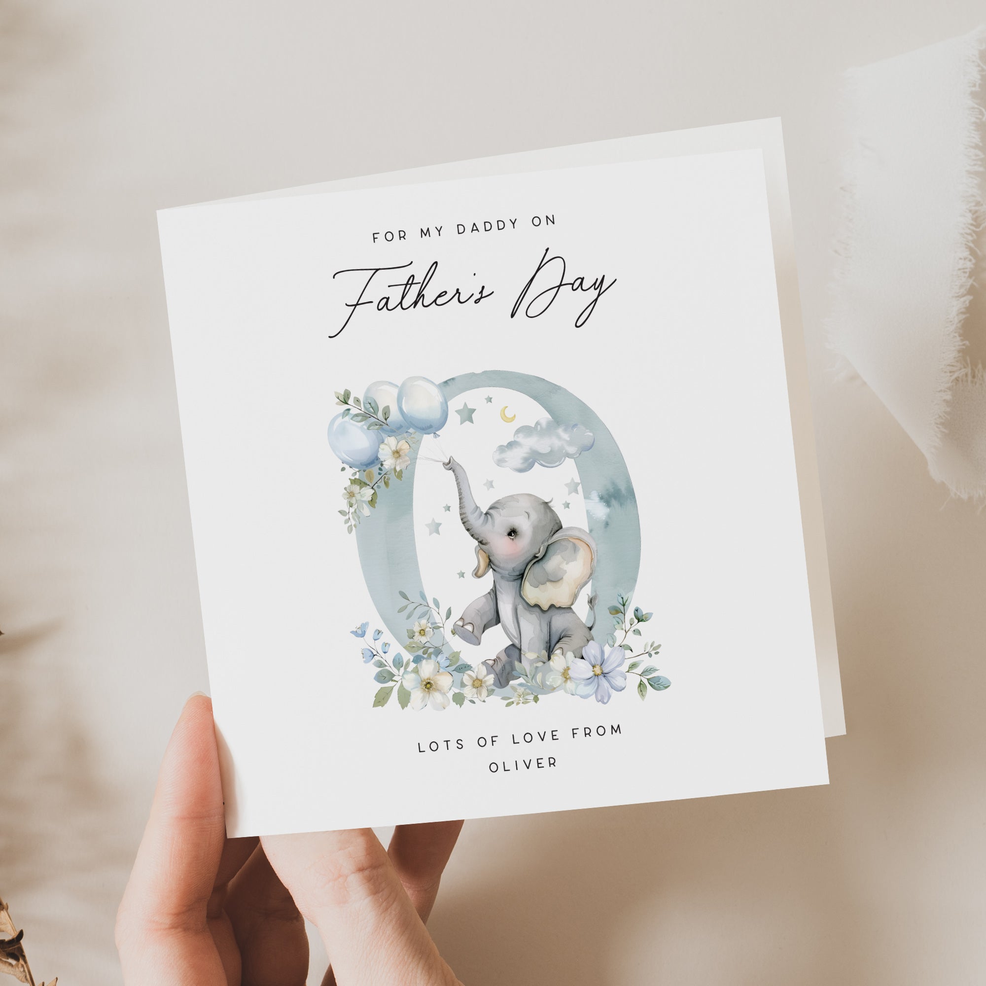 Personalised Elephant Father's Day Card with watercolour artwork and kids name