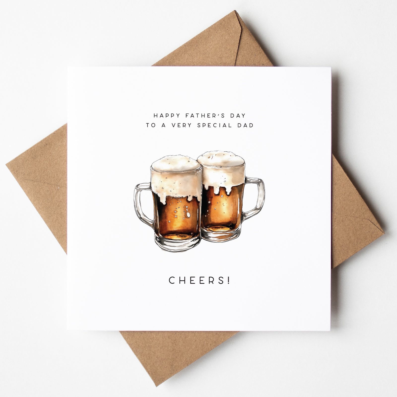 Father’s Day card with two beer mugs clinking, perfect for beer-loving dads, UK made, same-day shipping.