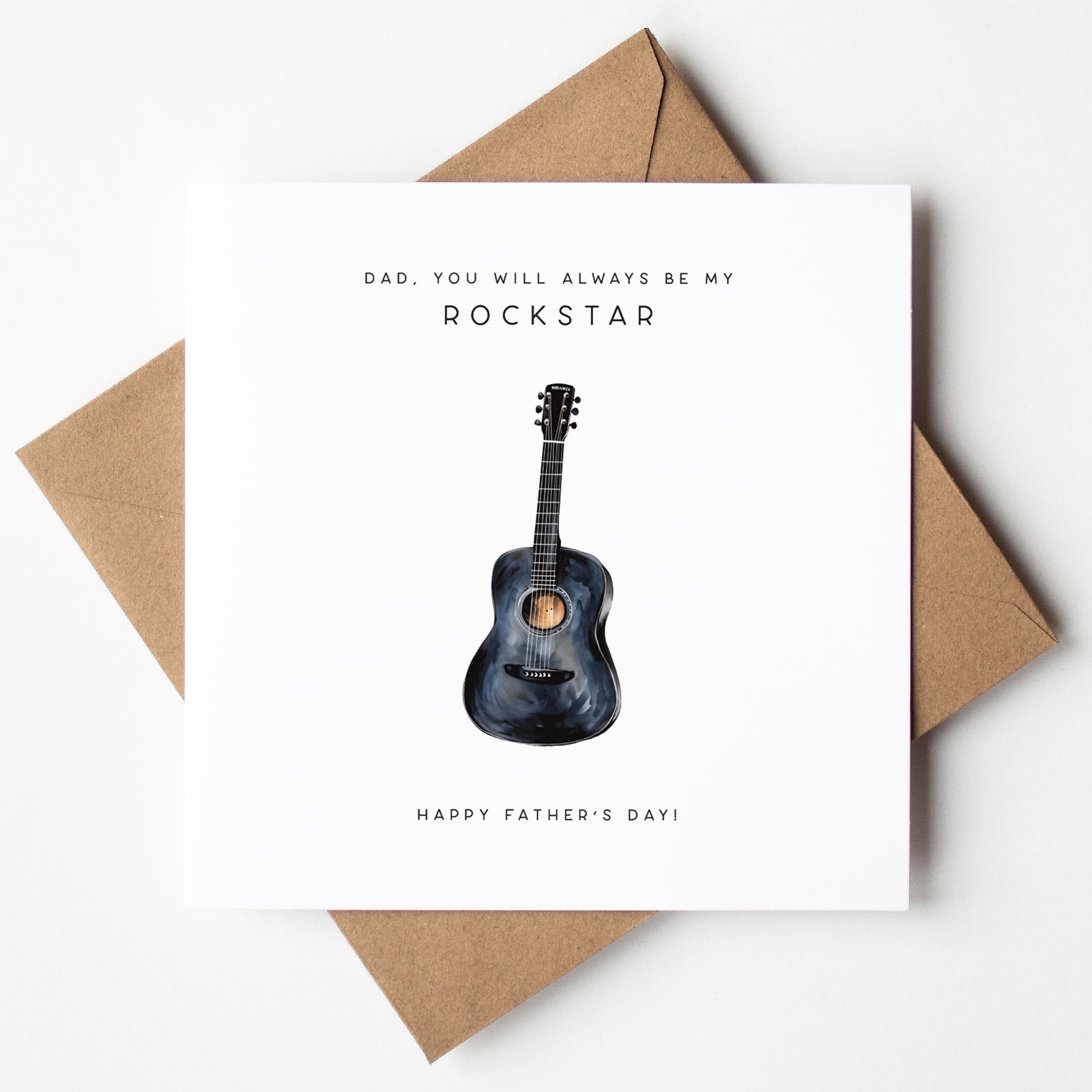 Father’s Day card with black acoustic guitar, perfect for music-loving dads, UK card, fast delivery.