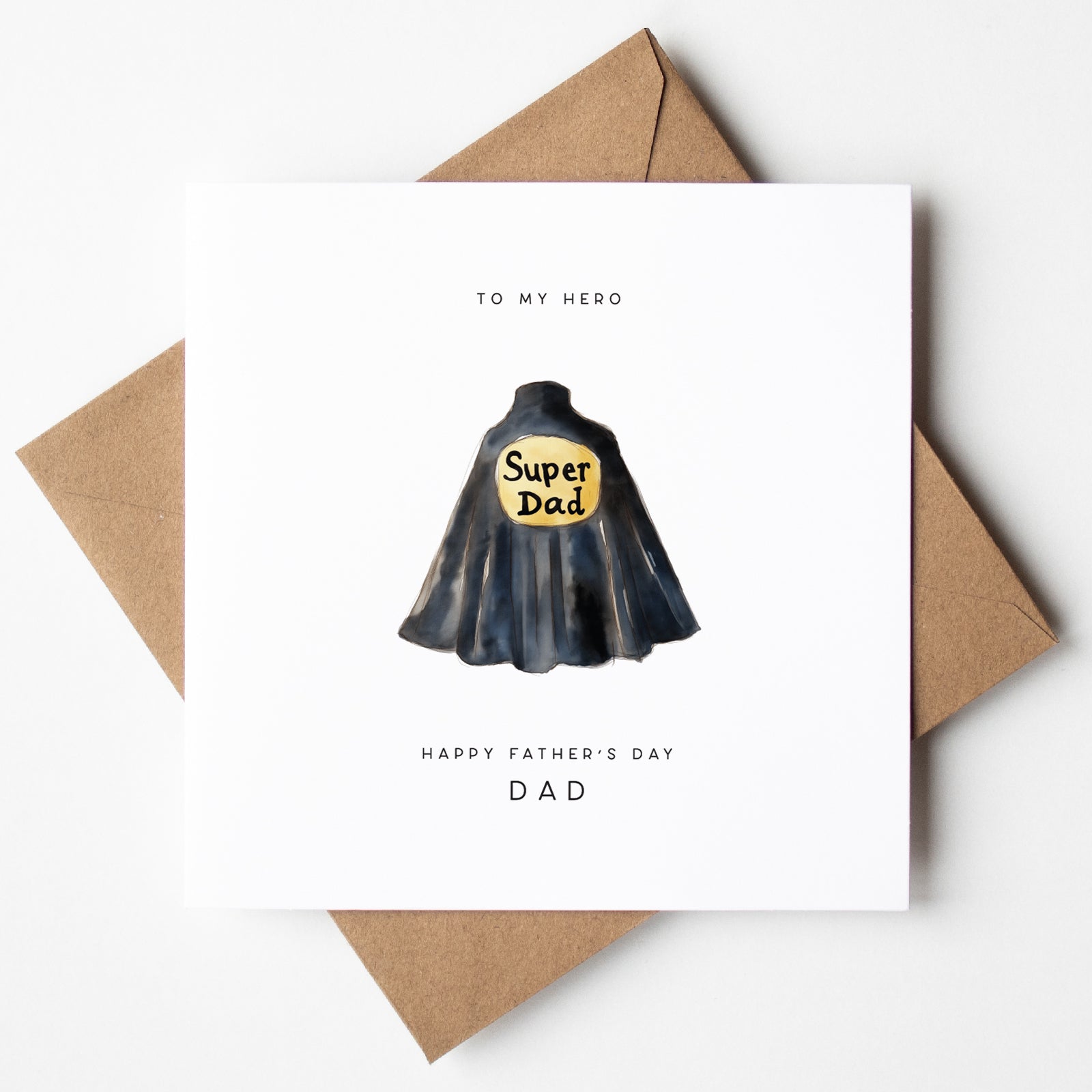 Father’s Day card with superhero cape labeled Super Dad, ideal for hero dads, UK card, same-day ship.