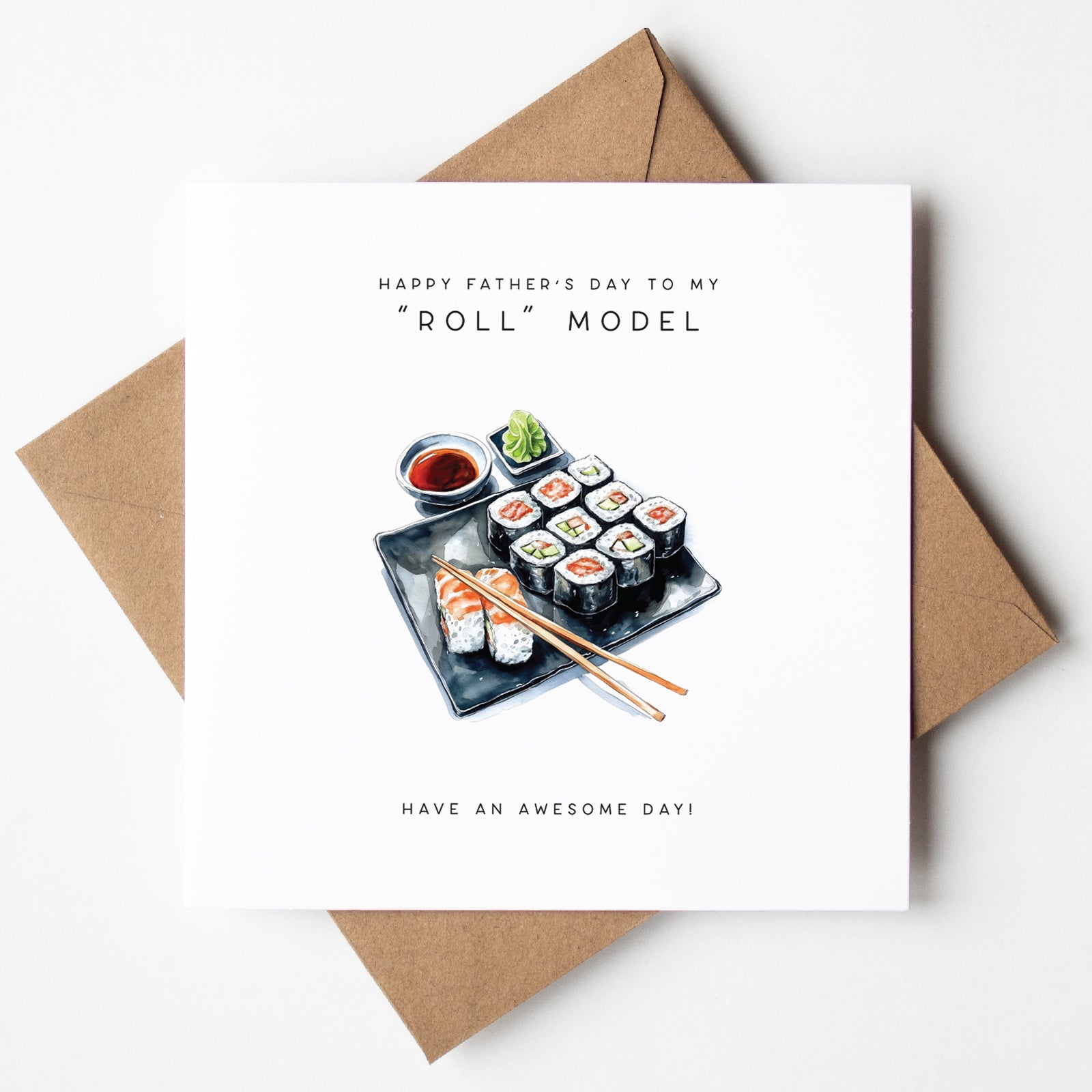 Sushi-themed Father’s Day card with rolls and chopsticks, UK funny pun card, fast shipping.