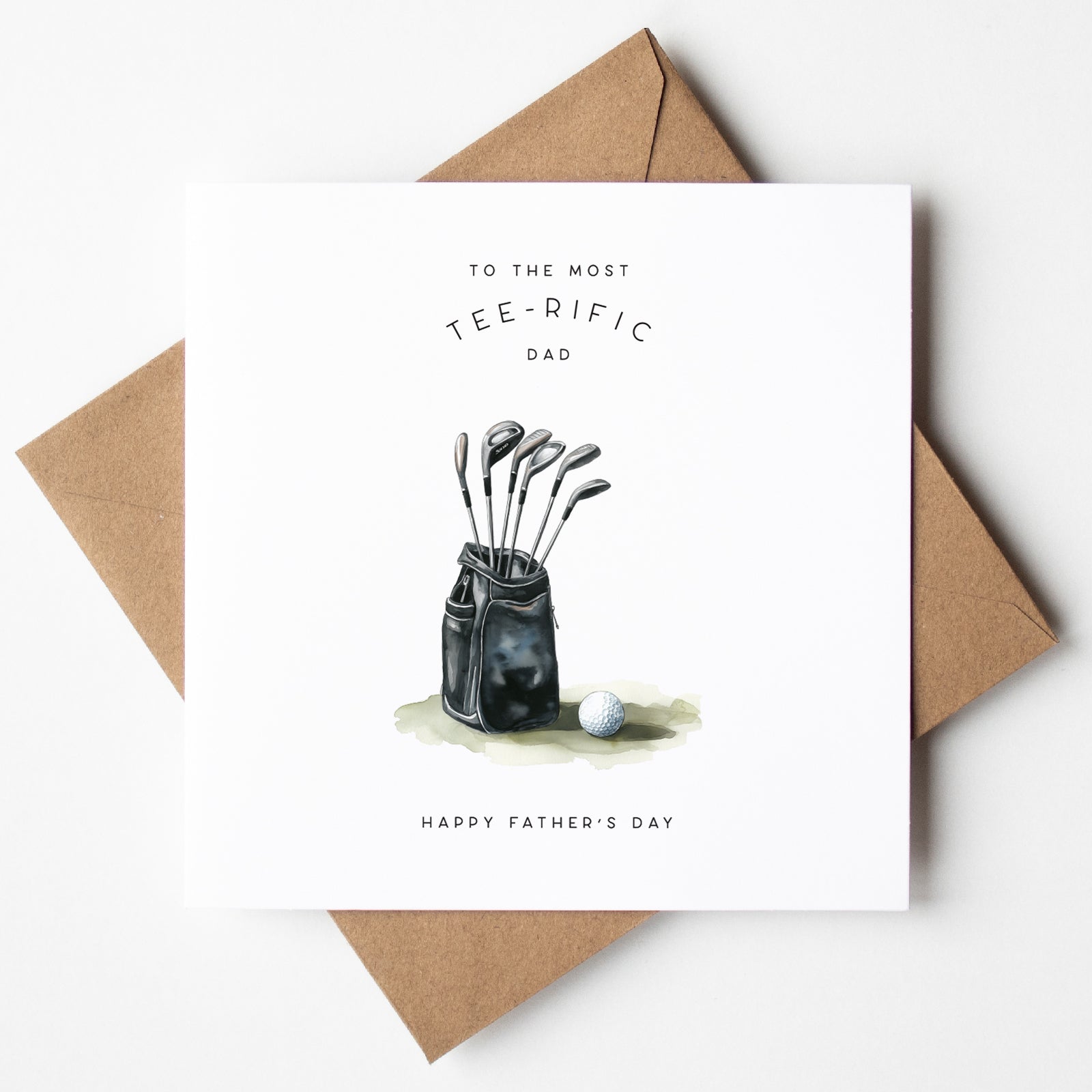 Father’s Day card with golf bag and clubs, tee-rific pun card for golf dads, made in UK.