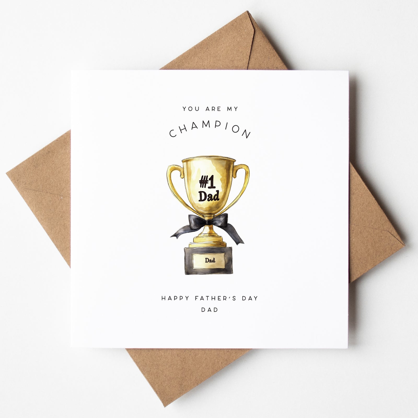Father’s Day card with gold trophy saying #1 Dad, perfect for champion fathers, made in the UK.