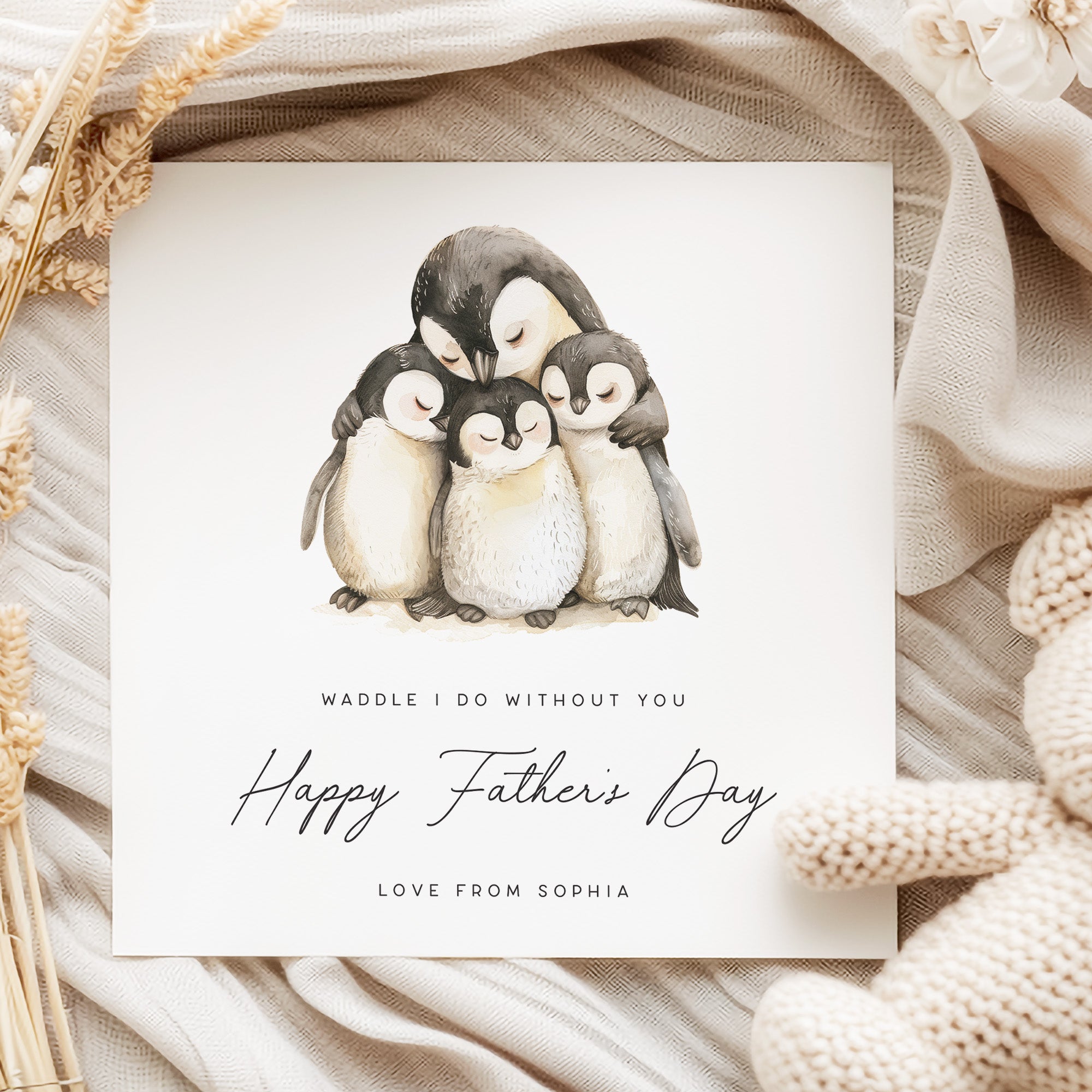Waddle I do without You Father's Day Card featuring a family of penguins with a daddy penguin