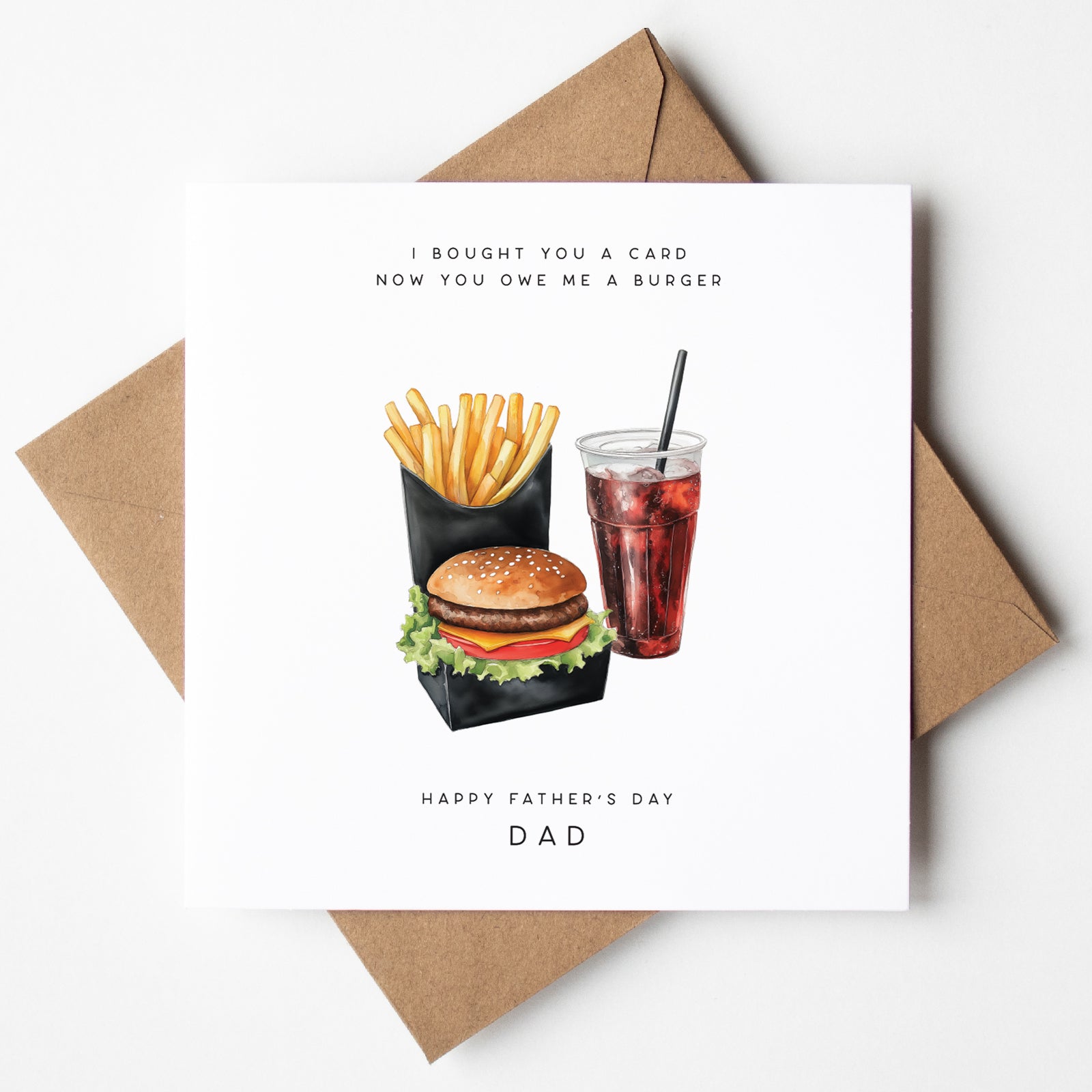 Funny Father’s Day card with burger, fries and drink illustration, UK humour card, same-day delivery.