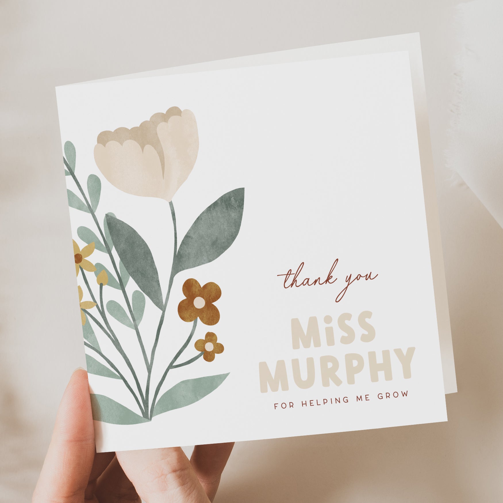 Personalised thank you card for teacher with botanical floral illustration. Features the name “Miss Murphy” and message “Thank you for helping me grow.”