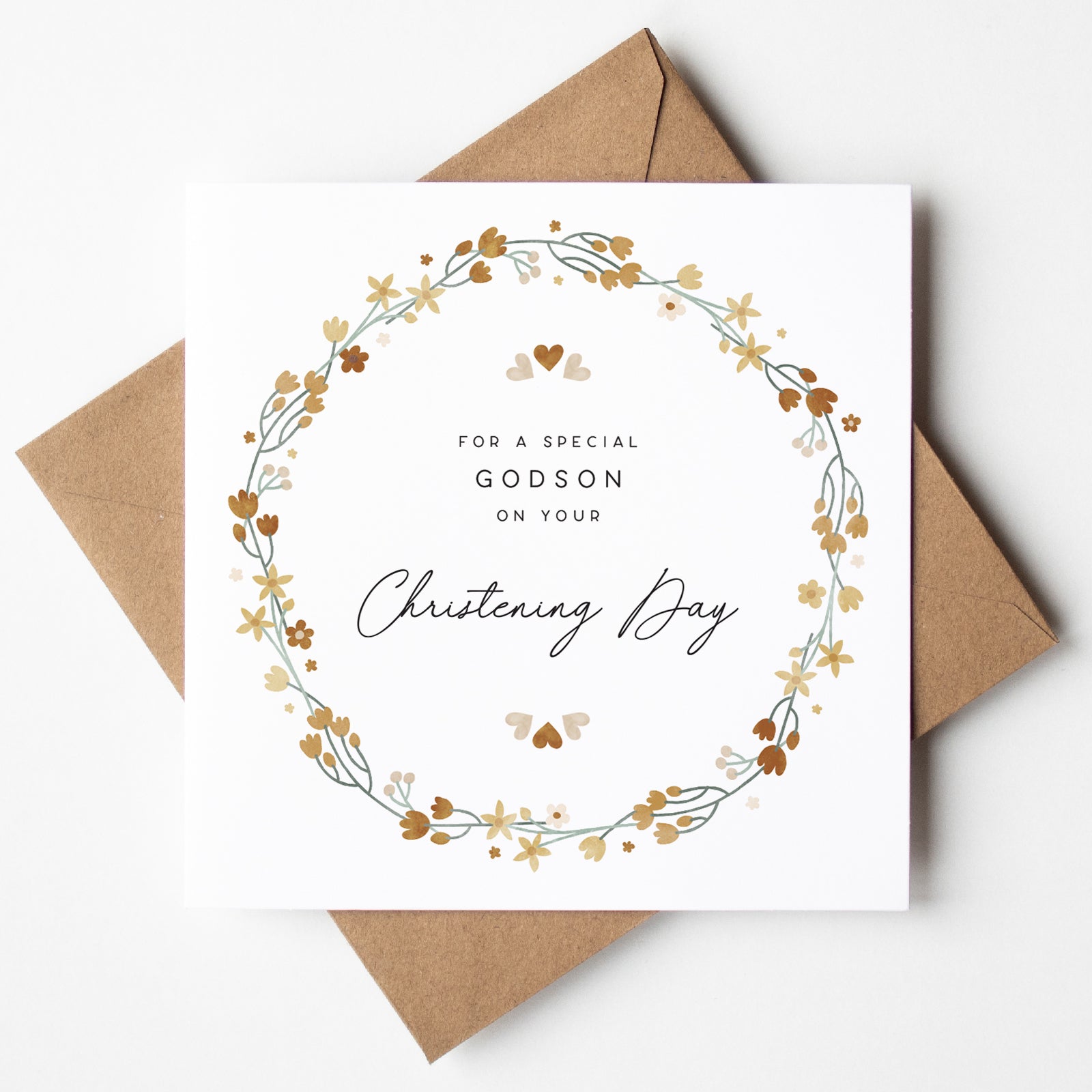 Personalised Christening card for godson UK with custom name, floral design, elegant personalised keepsake card for baptism day