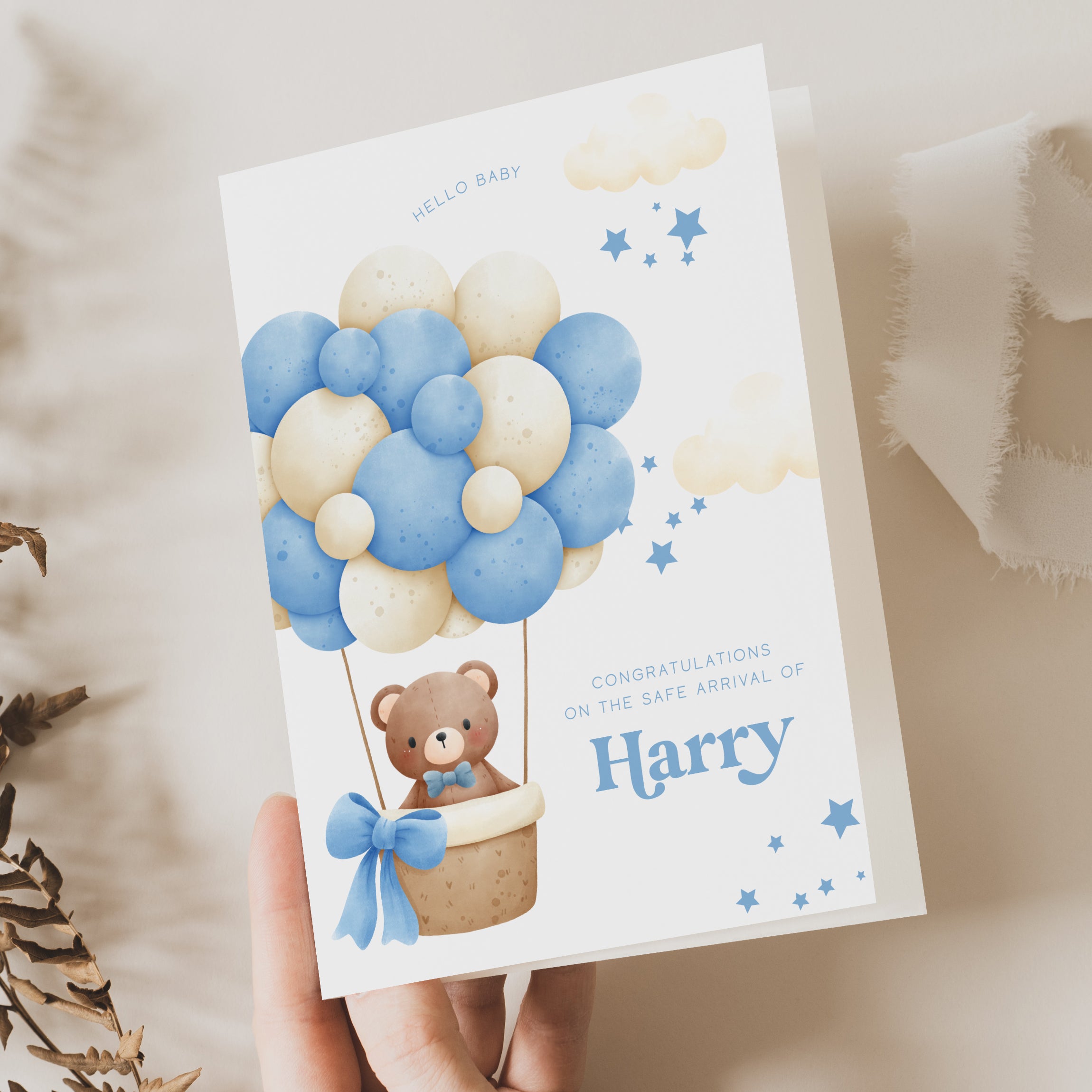 Cute Teddy Bear Personalised New Baby Boy Card - Beth + Bee UK