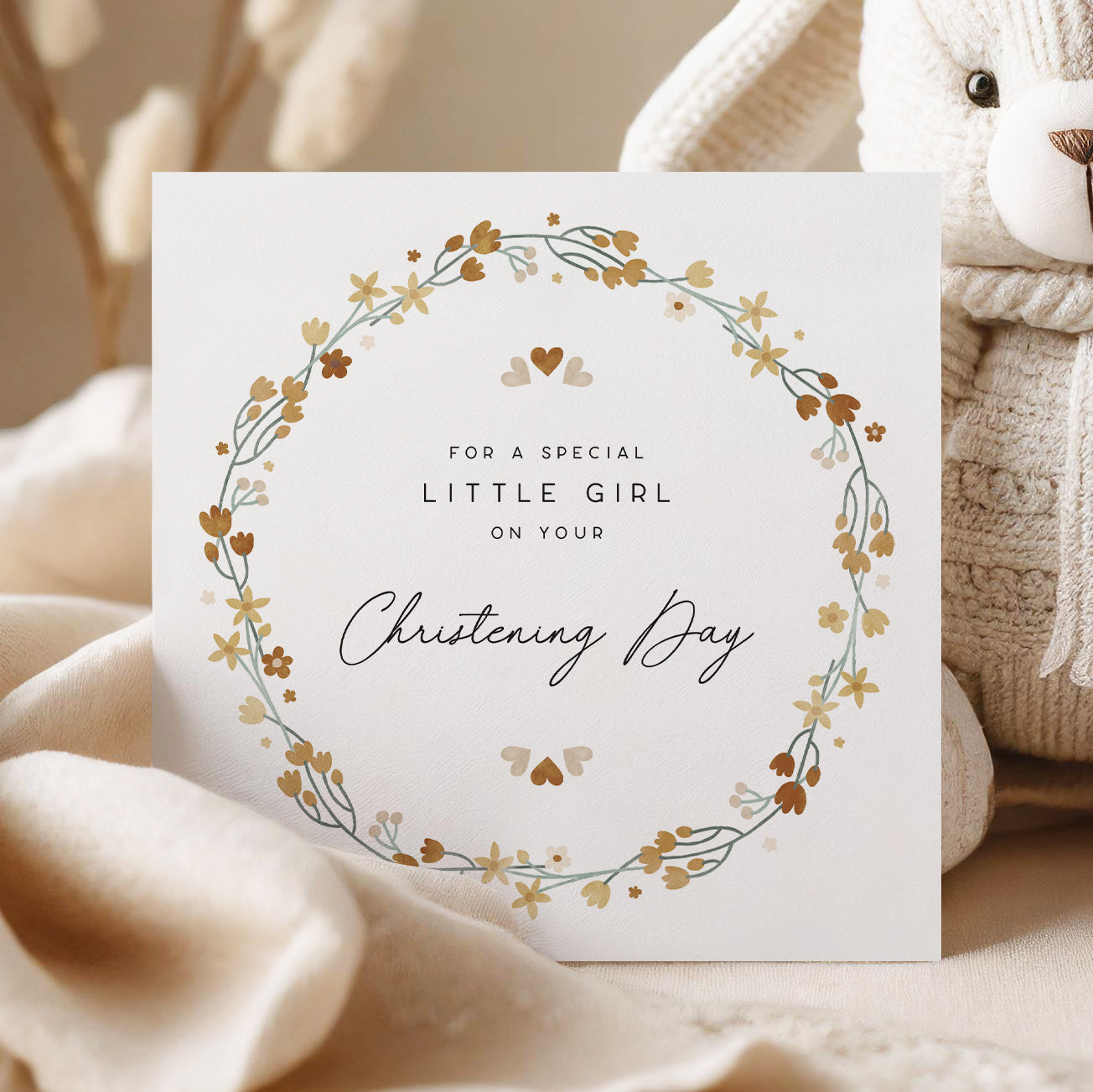 Personalised baby girl christening card with floral wreath, perfect christening day keepsake gift with elegant design
