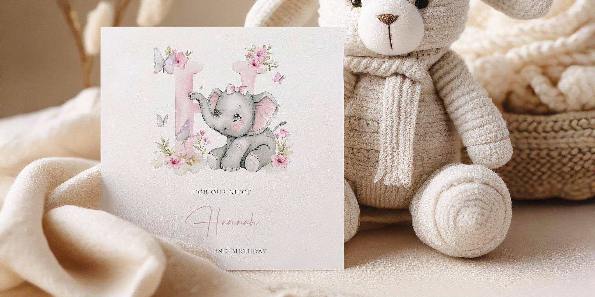 personalised new baby card with the letter H and a baby elephant. card include childs name and age