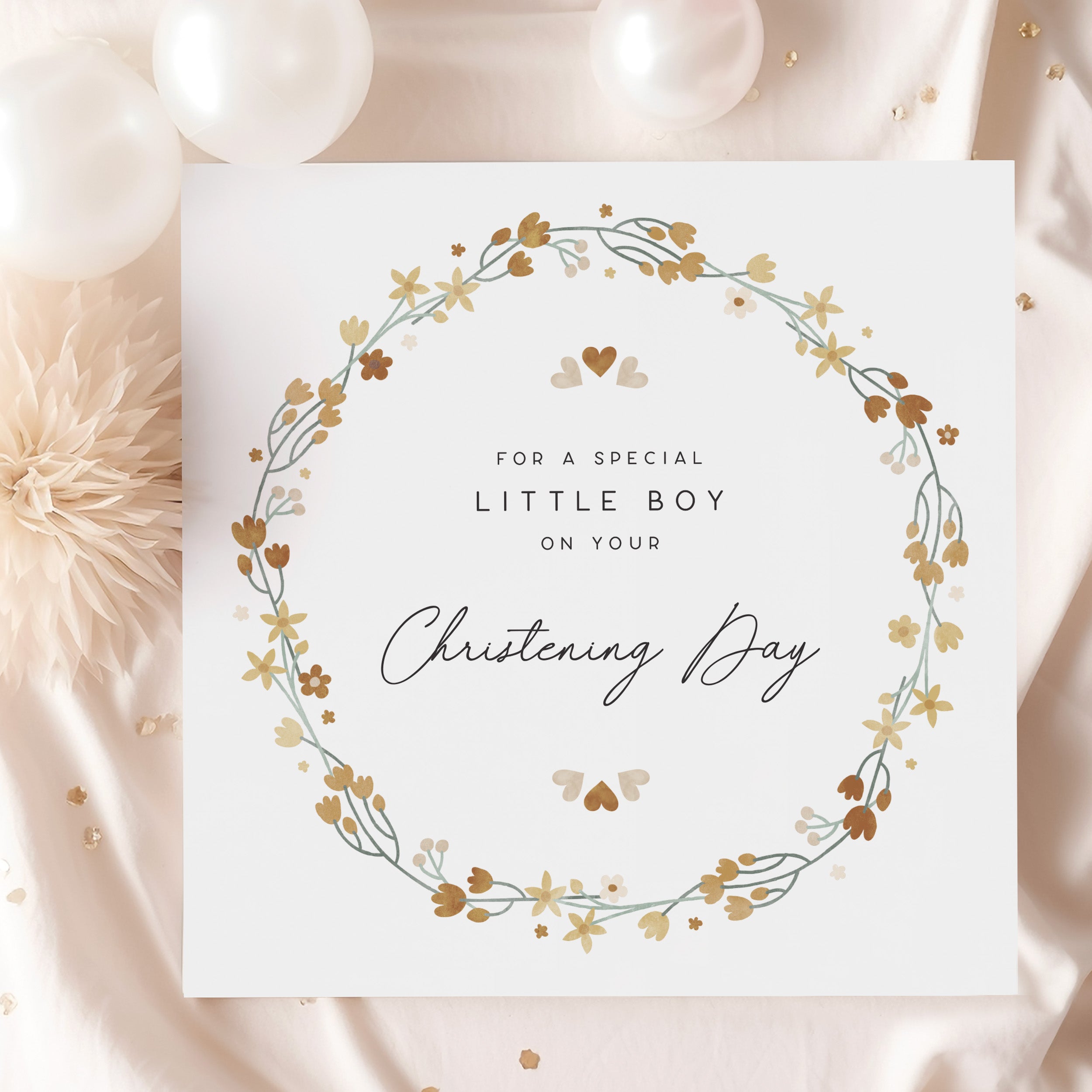 Personalised baby boy christening card with floral wreath design, ideal keepsake gift for christening celebrations