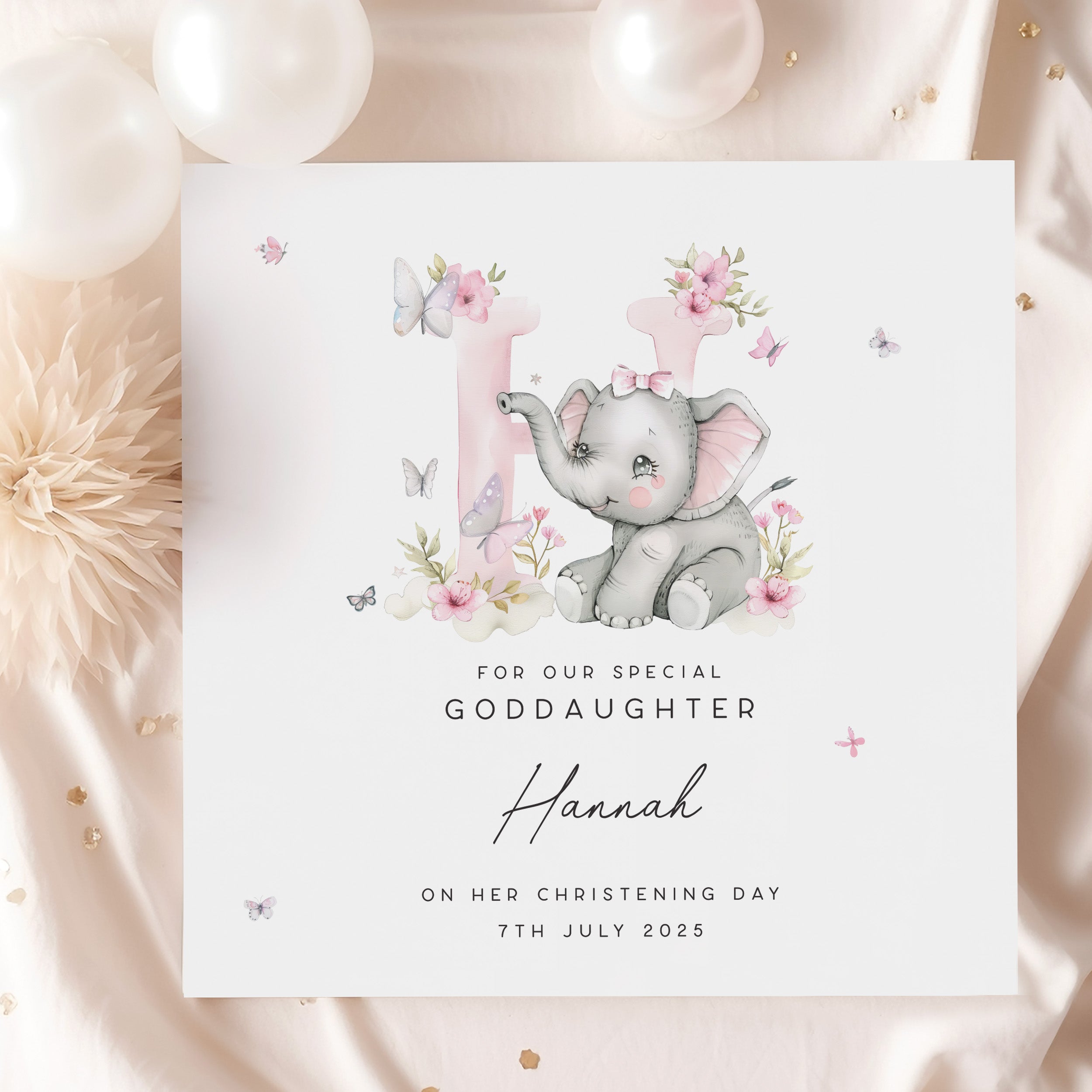 Personalised goddaughter christening card with pink elephant, floral and butterfly design, custom name and date keepsake card