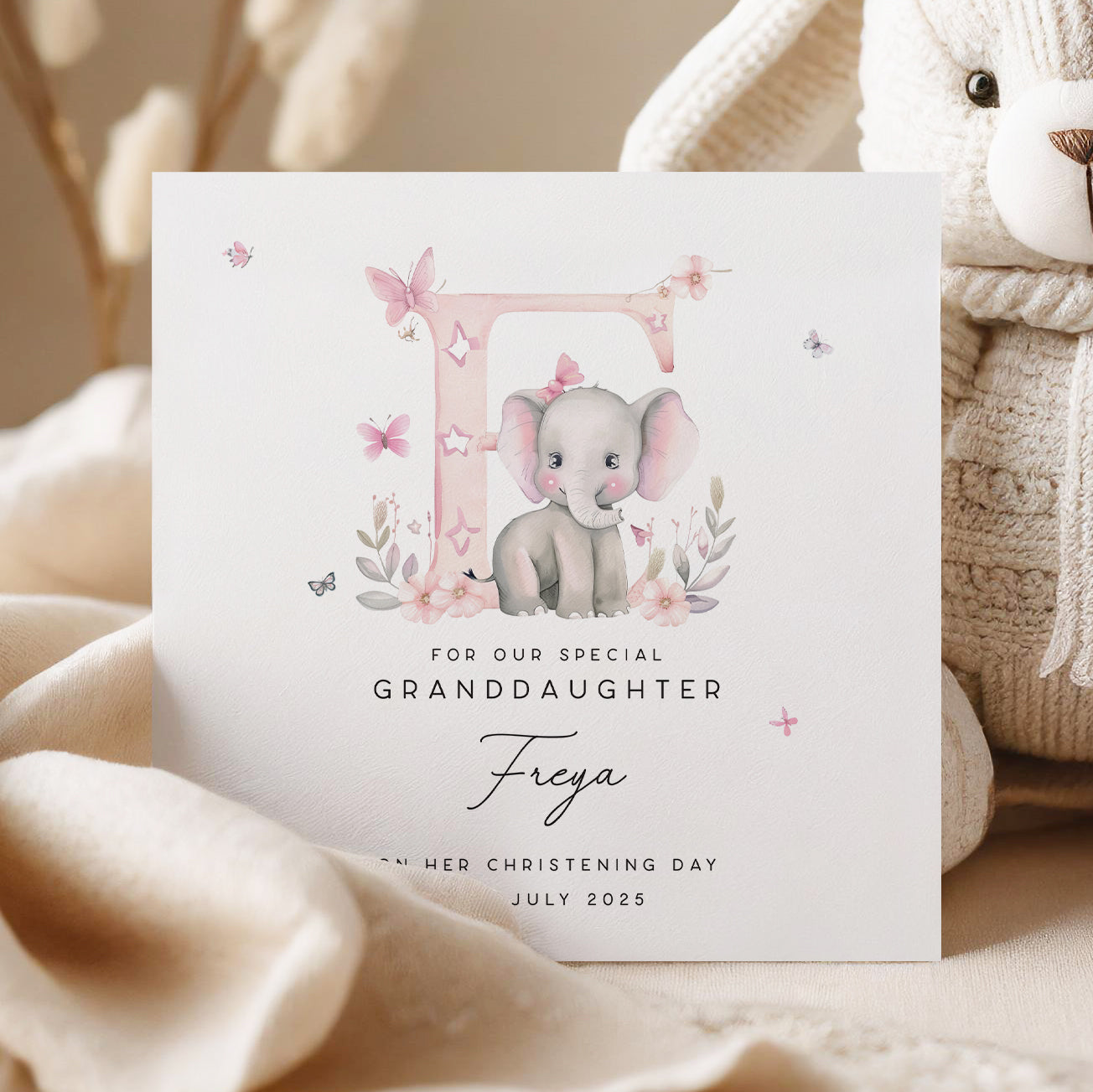 Personalised granddaughter christening card with elephant and pink floral design, ideal custom keepsake for baby girl's christening day