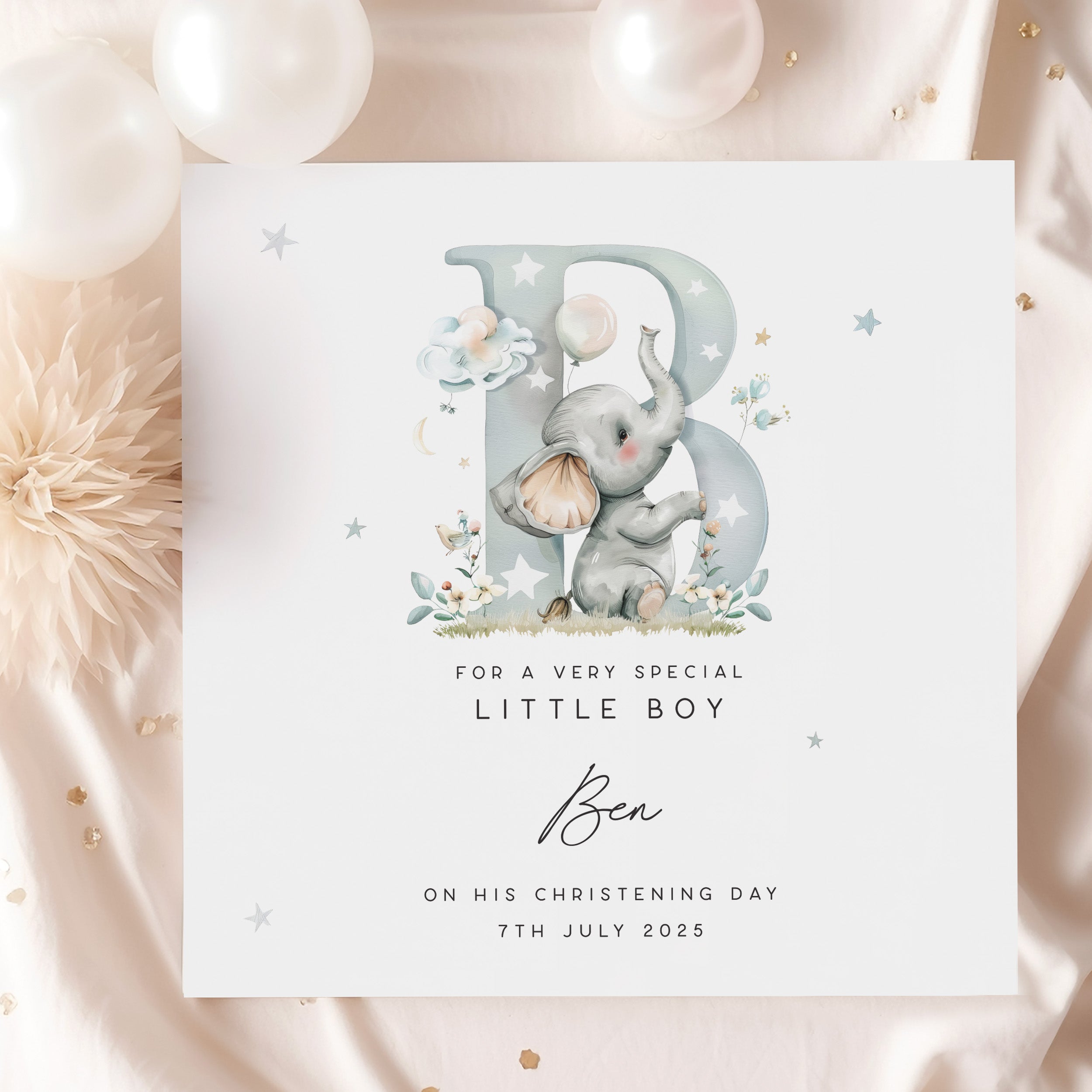 Personalised christening card for little boy with blue elephant, balloon and star design, custom name and date printed gift card