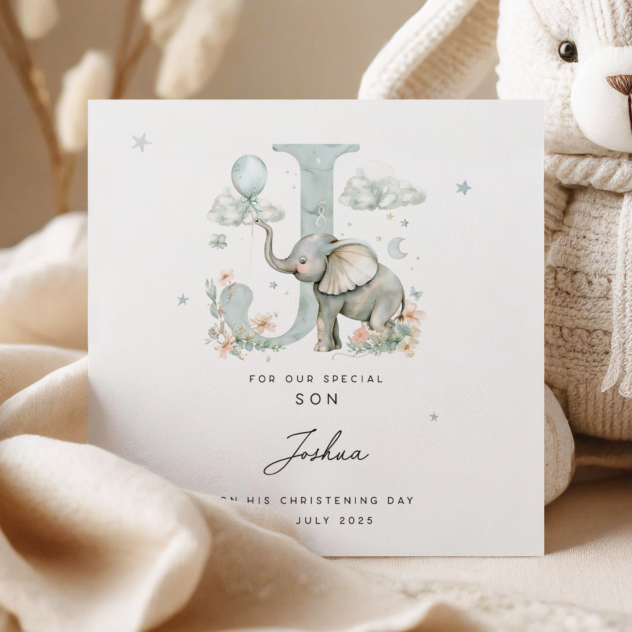 Personalised christening card for baby boy with soft blue elephant, custom name and christening date, perfect keepsake card gift