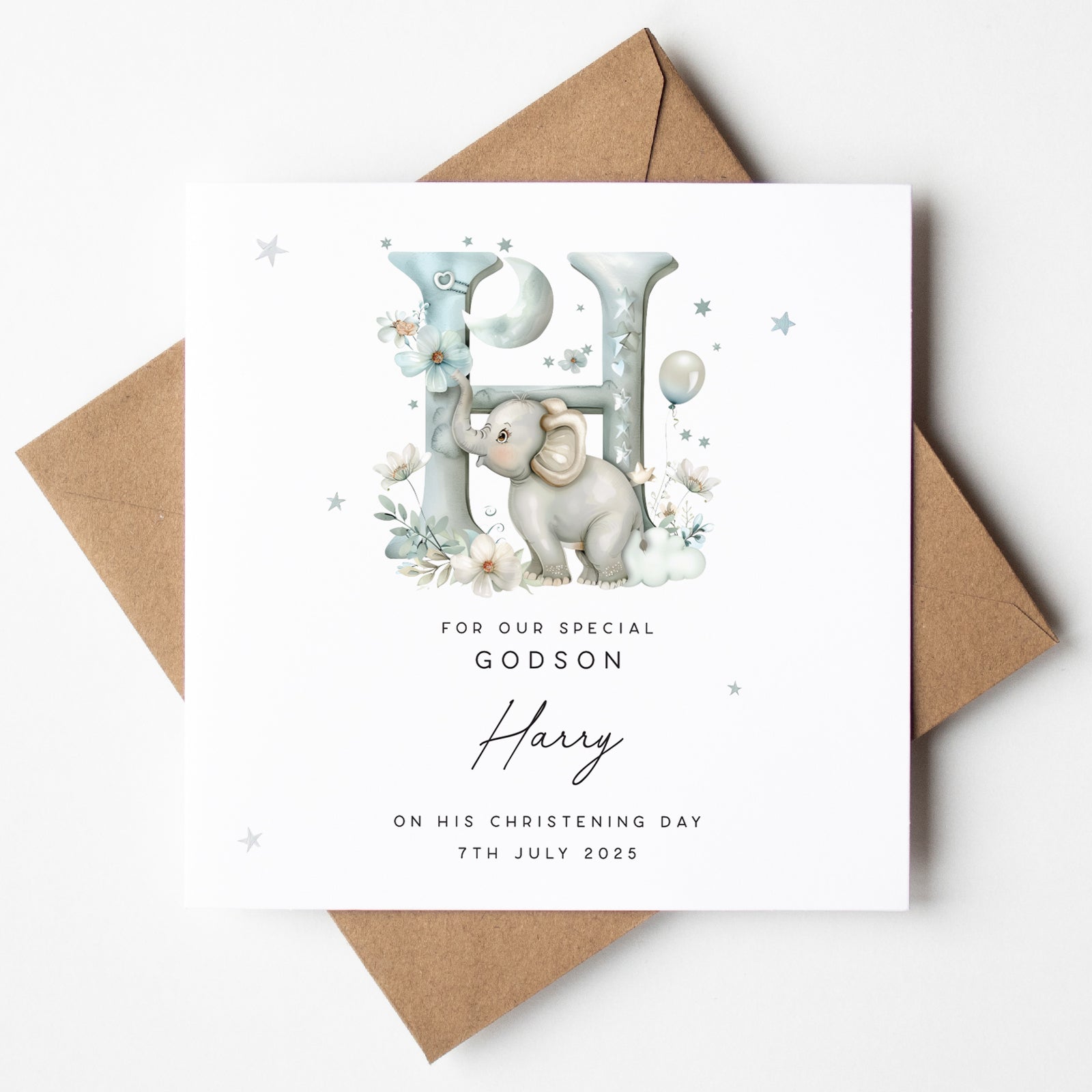 Personalised christening card for godson with blue elephant, custom name and date, unique personalised christening cards UK gift