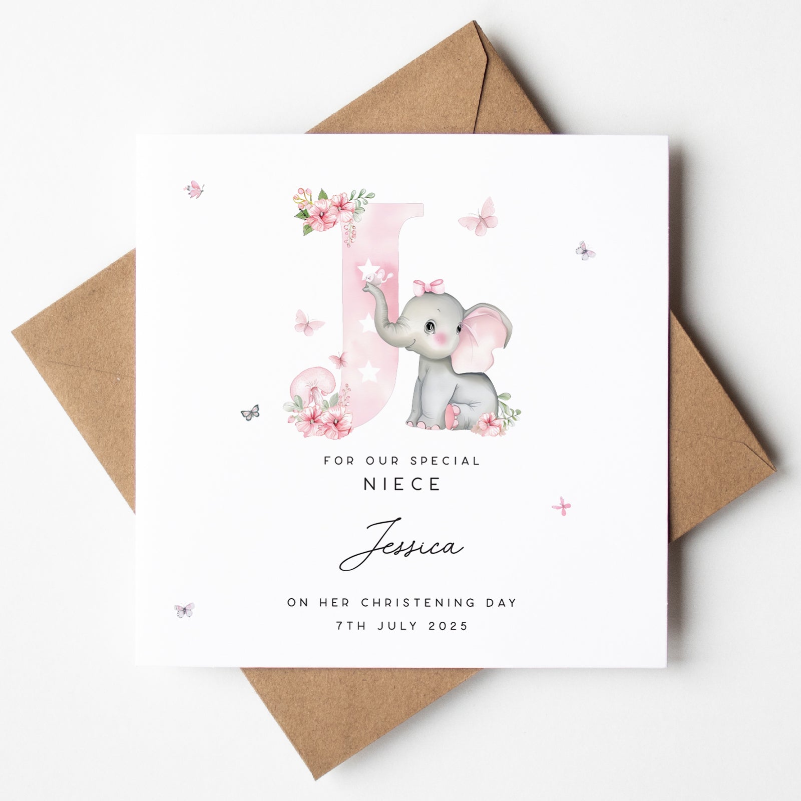Personalised christening card for niece with pink elephant and floral design, custom name and date christening keepsake