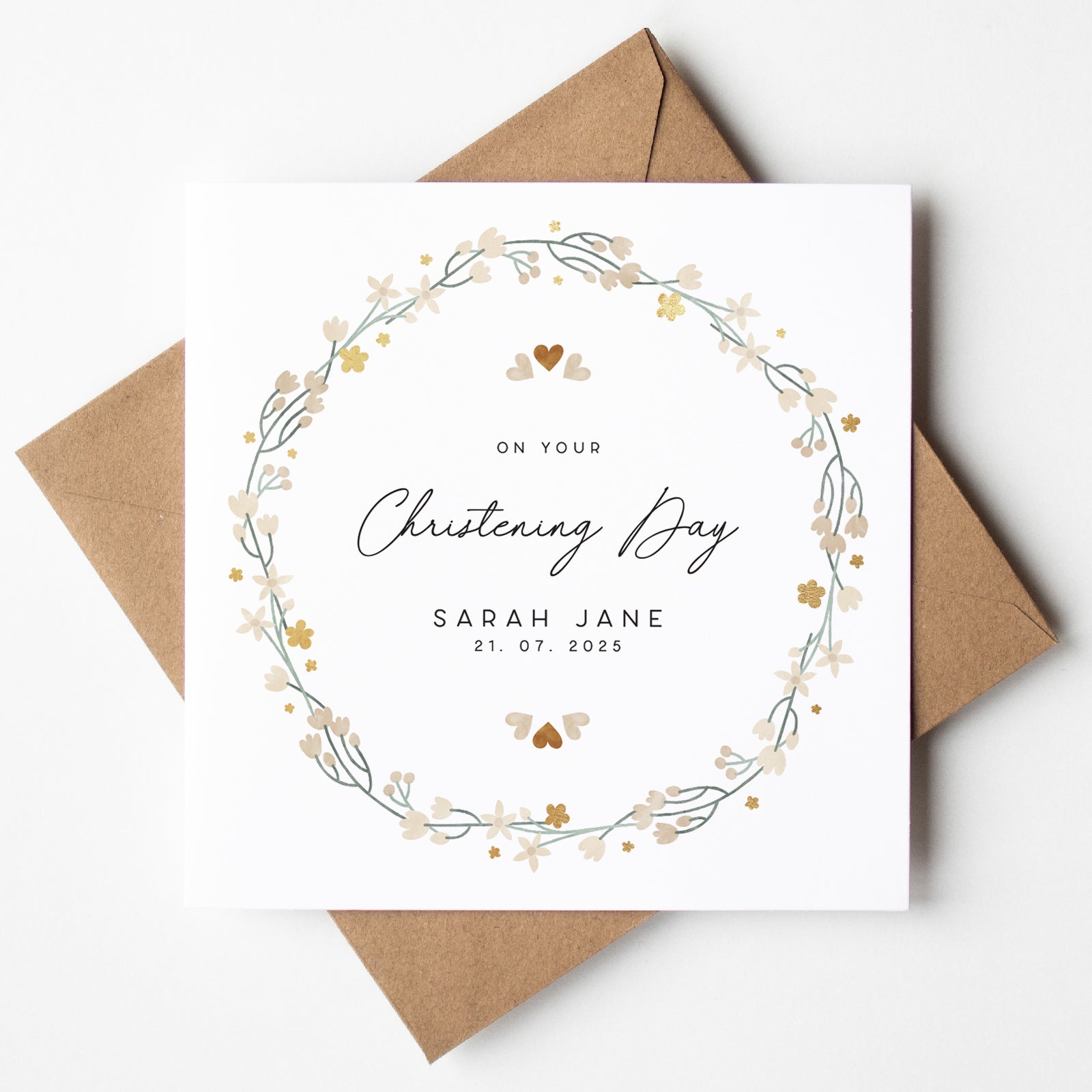 Personalised christening day card with floral wreath design, custom name and date, ideal keepsake christening card