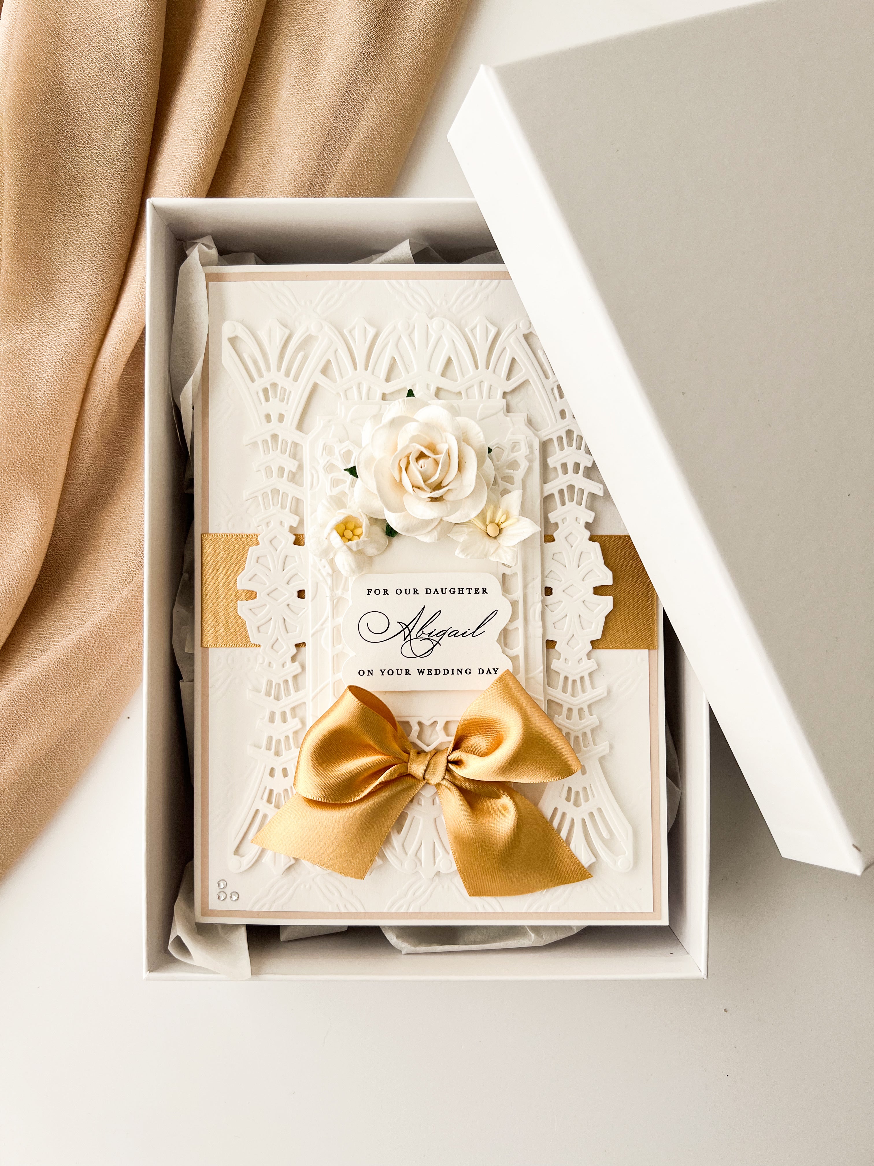 Luxury Wedding Box Card in Keepsake Box in Gold