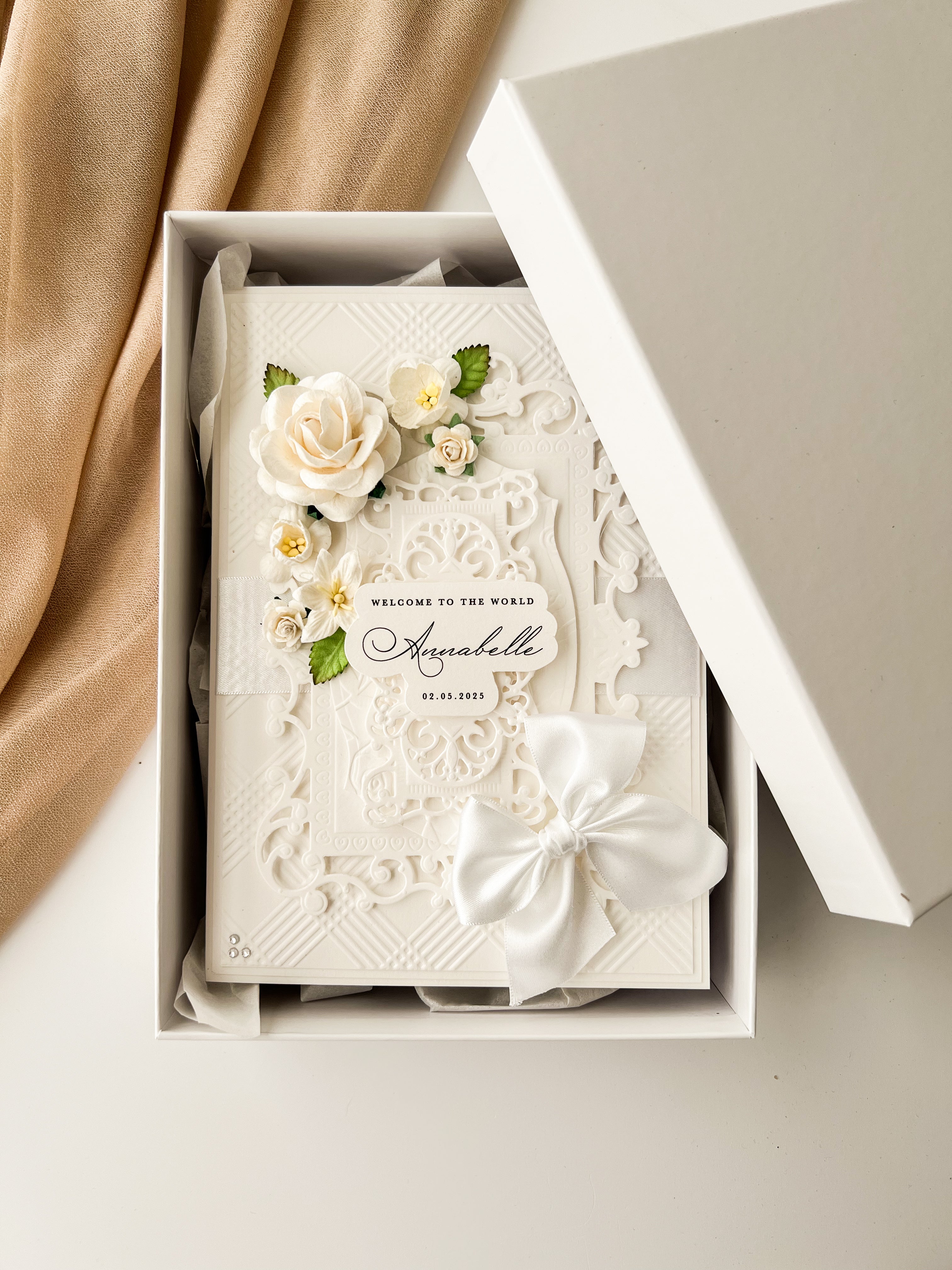 Luxury Boxed New baby Card in presentation box shown in white