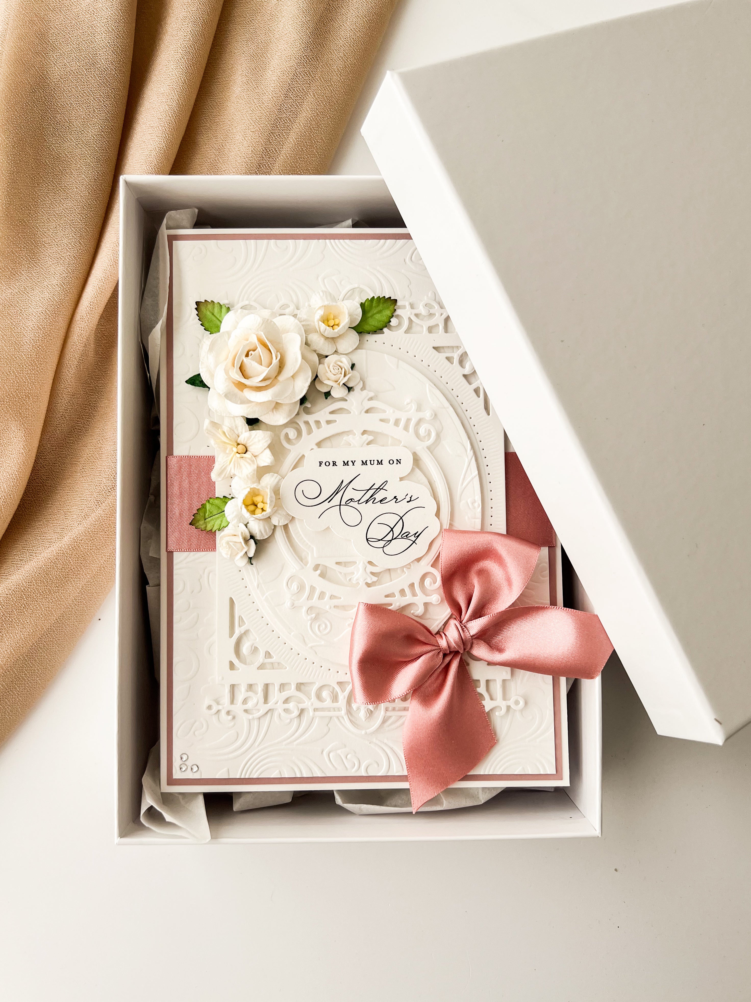 Boxed Mothers day card in presentation box shown in pink