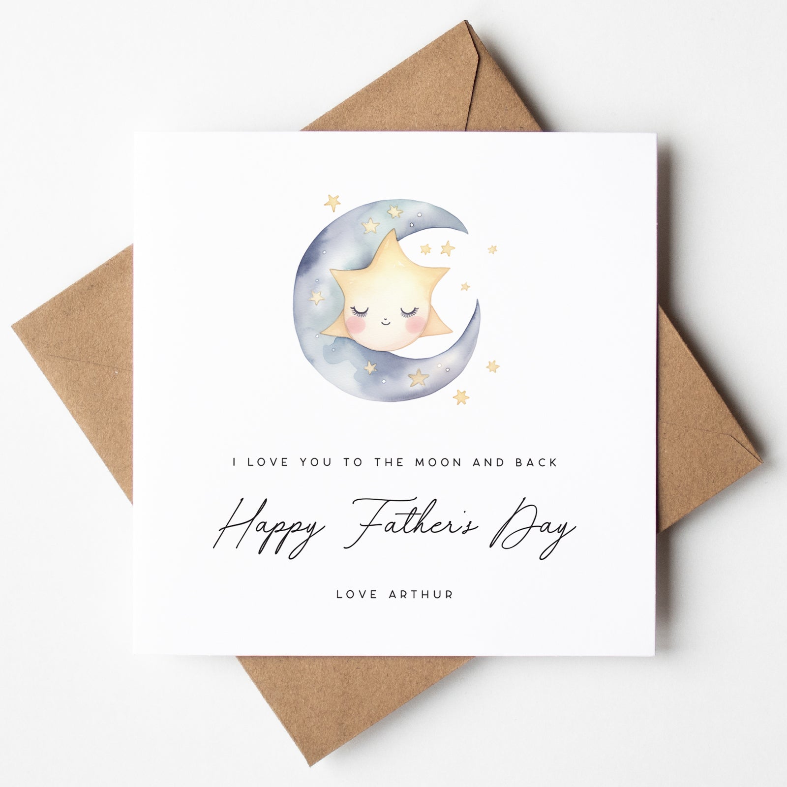Love you to the Moon and Back father's day card featuring watercolour moon and stars. 