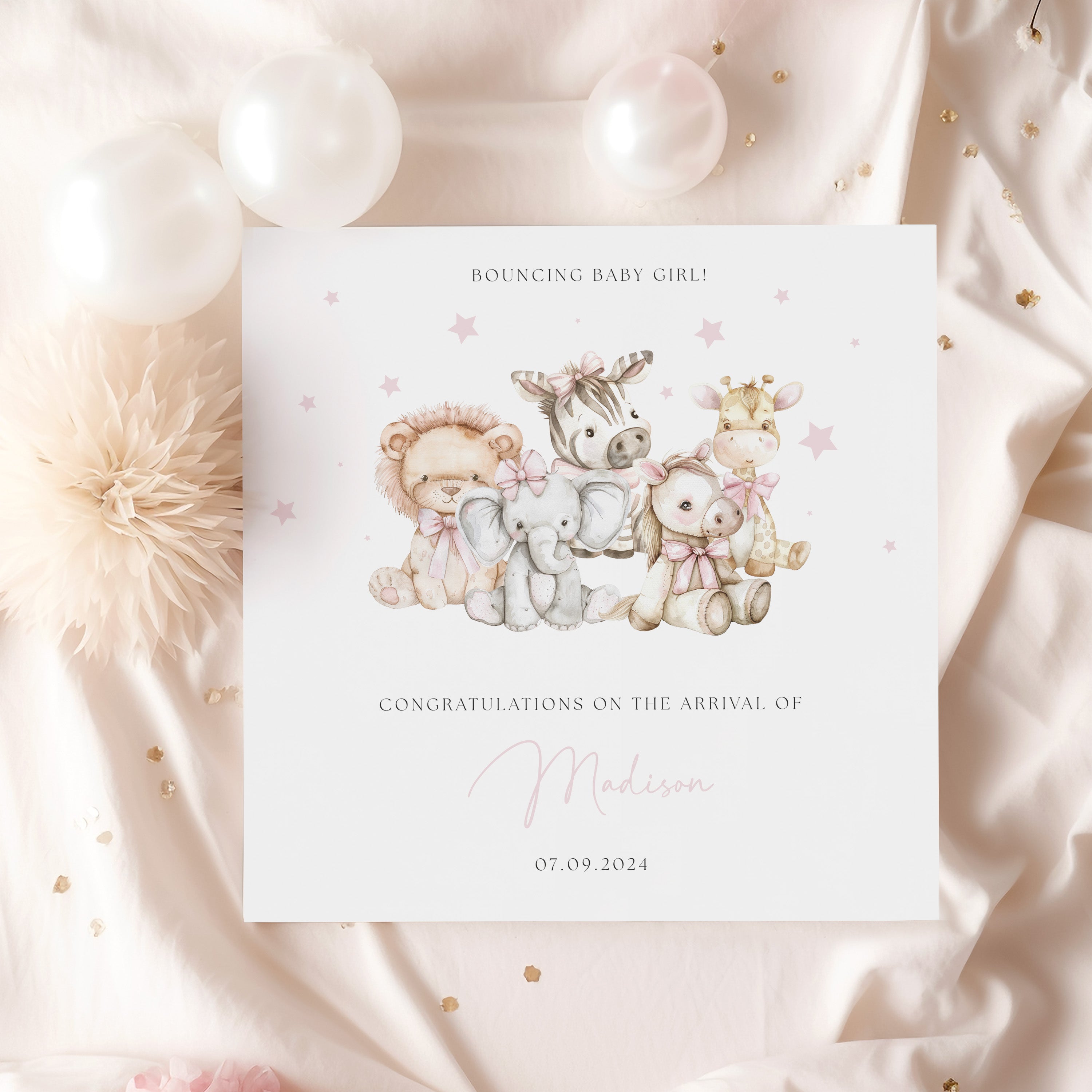 Cute Animals Personalised New Baby Girl Card - Beth + Bee UK