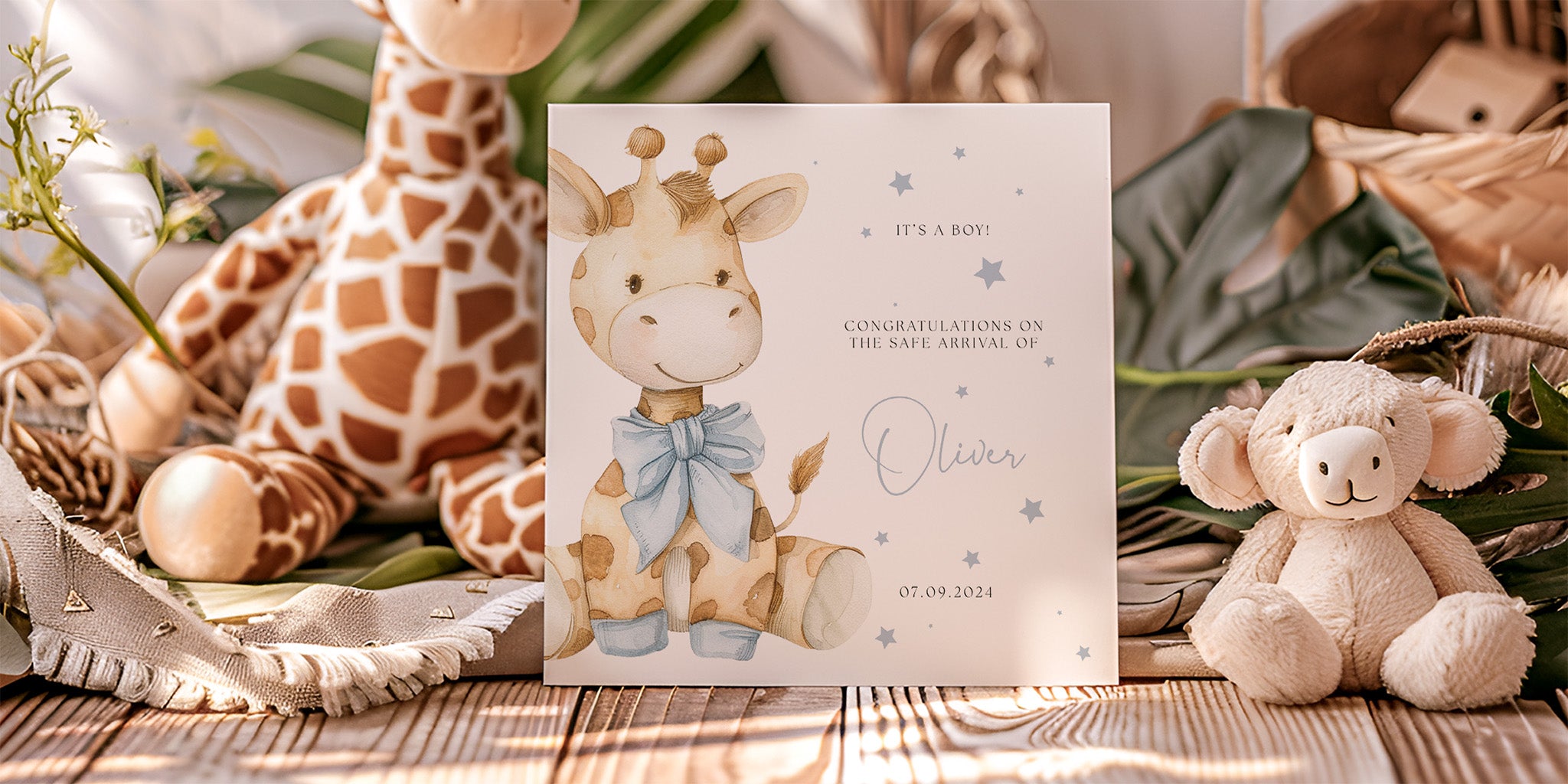 Blue new baby card with giraffe and personalised details such as new babies name, date of birth