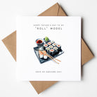 Sushi-themed Father’s Day card with rolls and chopsticks, UK funny pun card, fast shipping.