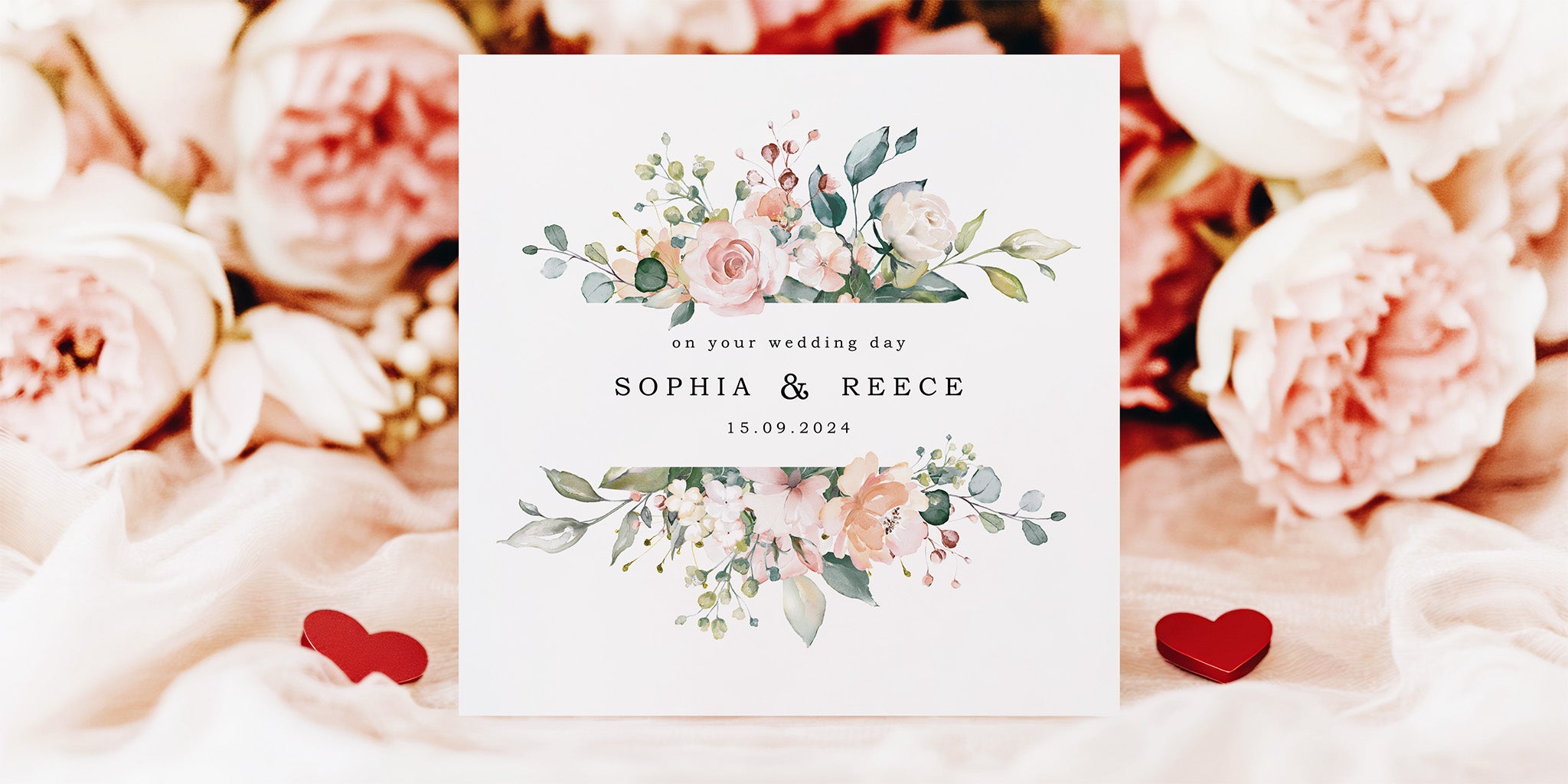 Pink floral wedding day card with personalised names and wedding date