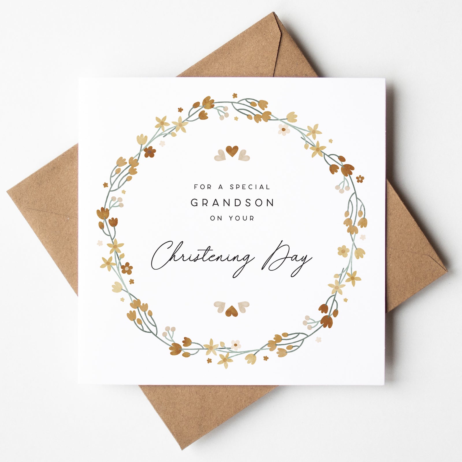 Personalised Christening card for grandson UK with custom name and elegant floral design, premium keepsake for baby boy's baptism day